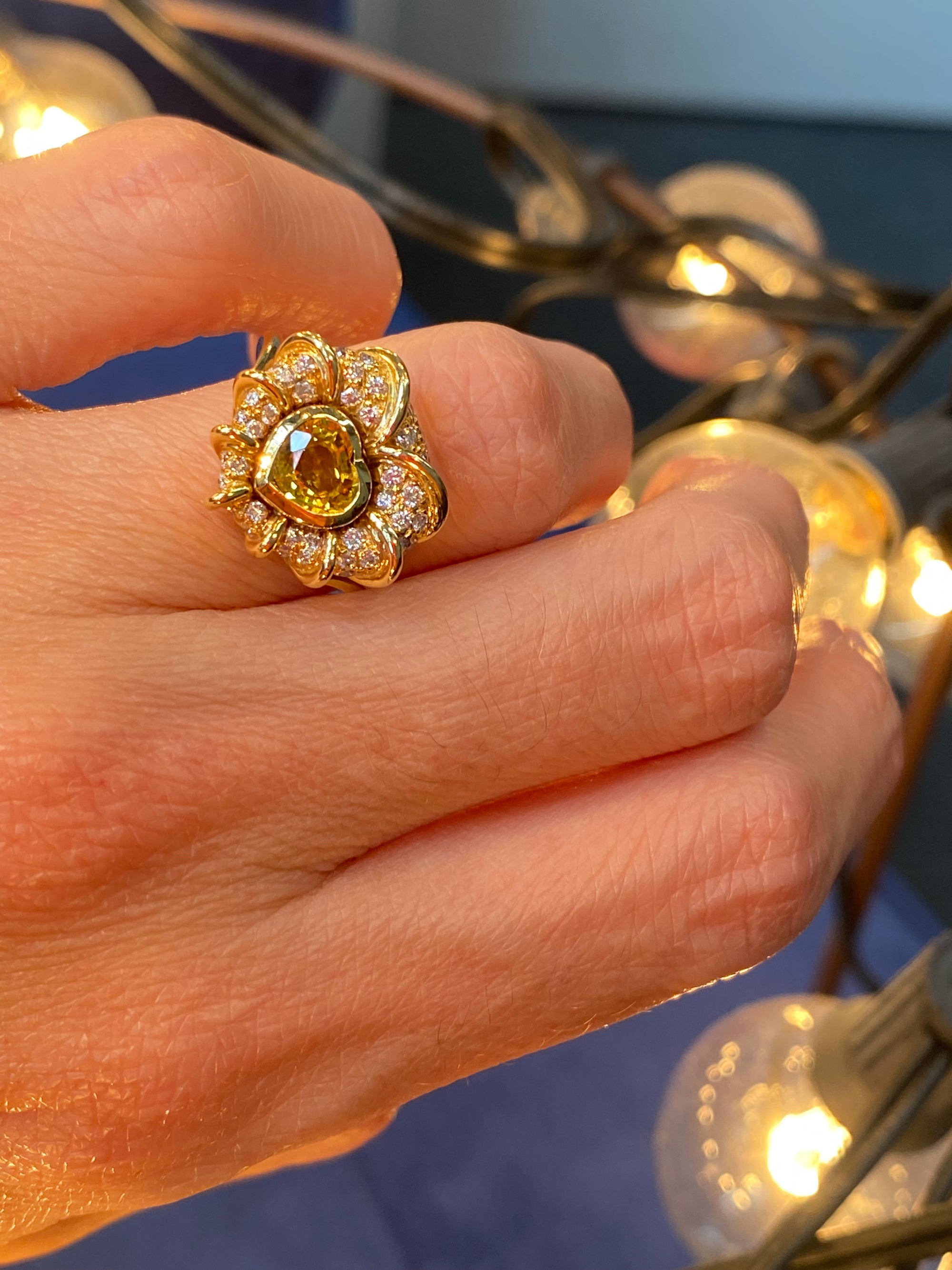 Vintage Yellow Sapphire and Natural Diamond Halo Ring in 18ct Yellow Gold