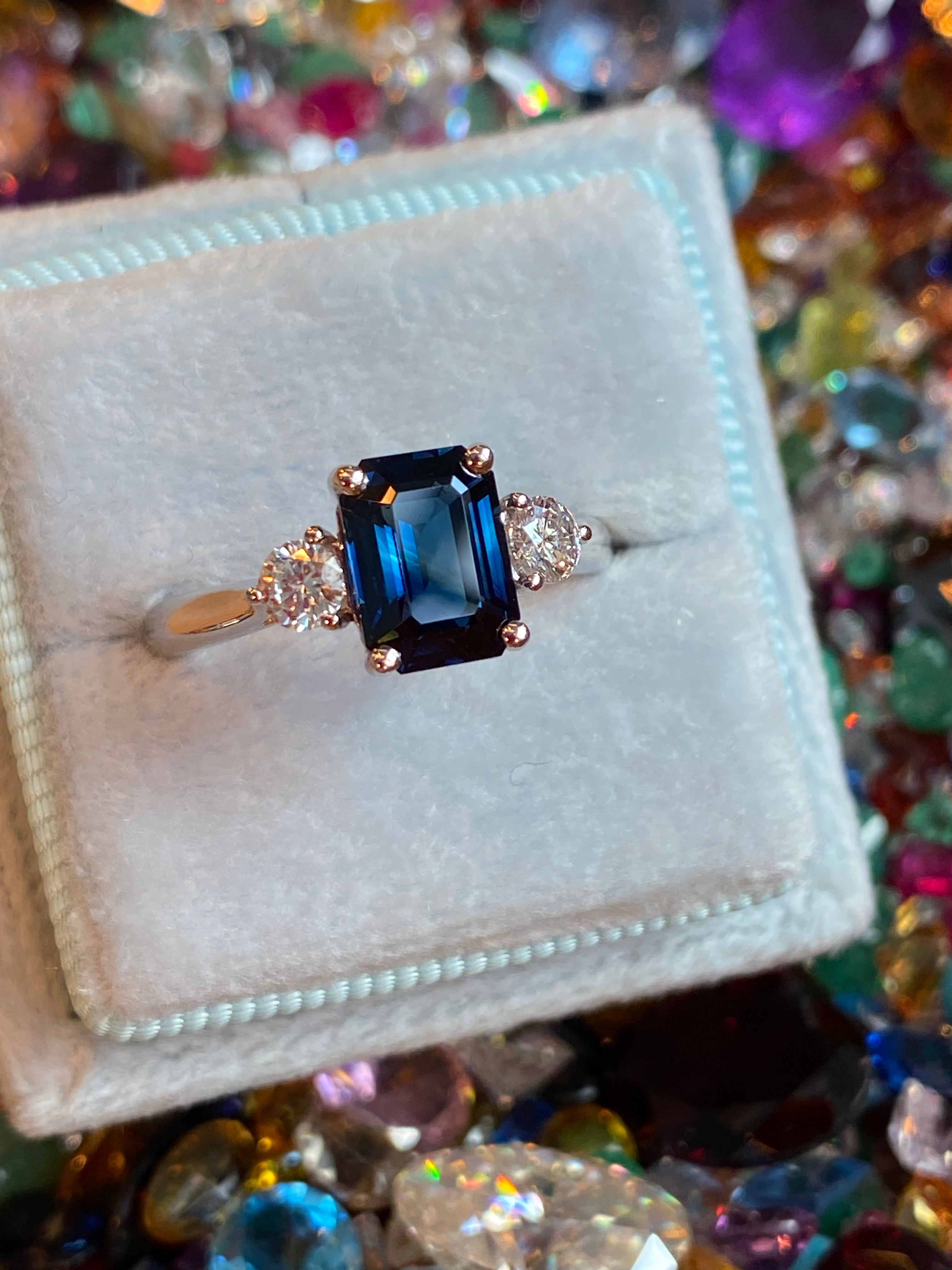 2.04 Carat Teal Sapphire and 0.29 CTW Natural Diamond Three Stone Ring in Platinum