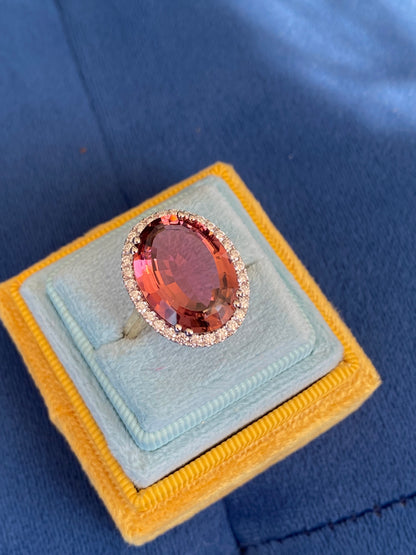11.48 Carat Pink Tourmaline and Natural Diamond Ring in Platinum and 18ct Yellow Gold