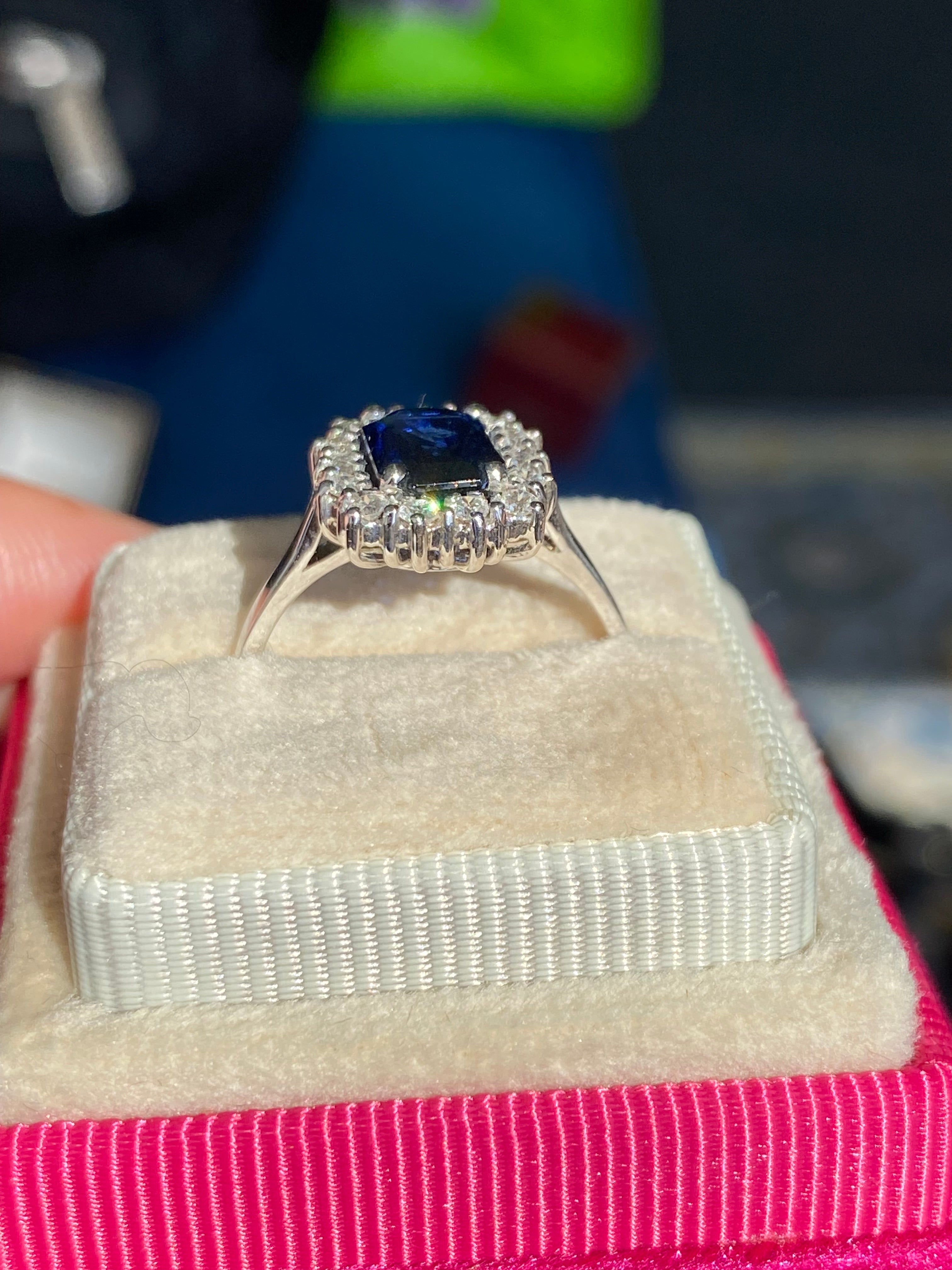 Vintage 2.05 Carat Sapphire and Natural Diamond Halo Ring in Platinum