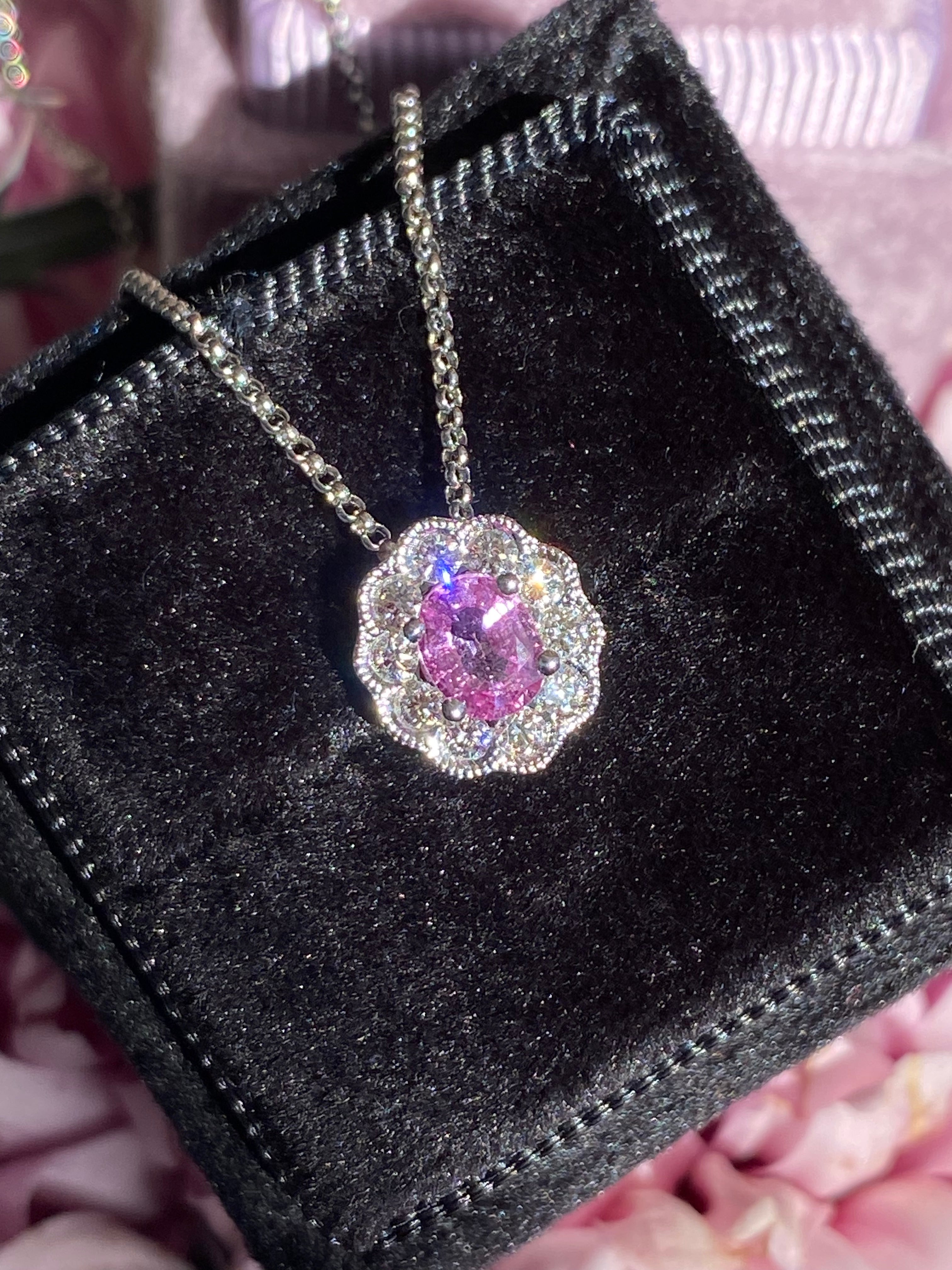 0.70 CTW Pink Sapphire and Natural Diamond Pendant Necklace in 18ct White Gold