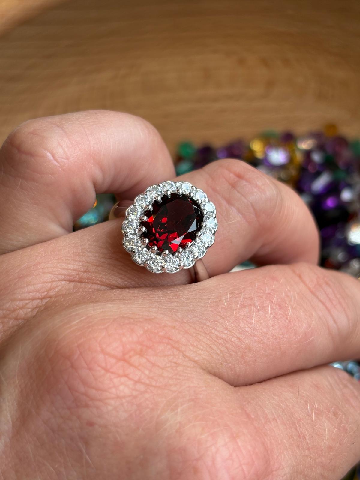 4.50 CTW Oval Cut Garnet and Moissanite Halo Cocktail Ring