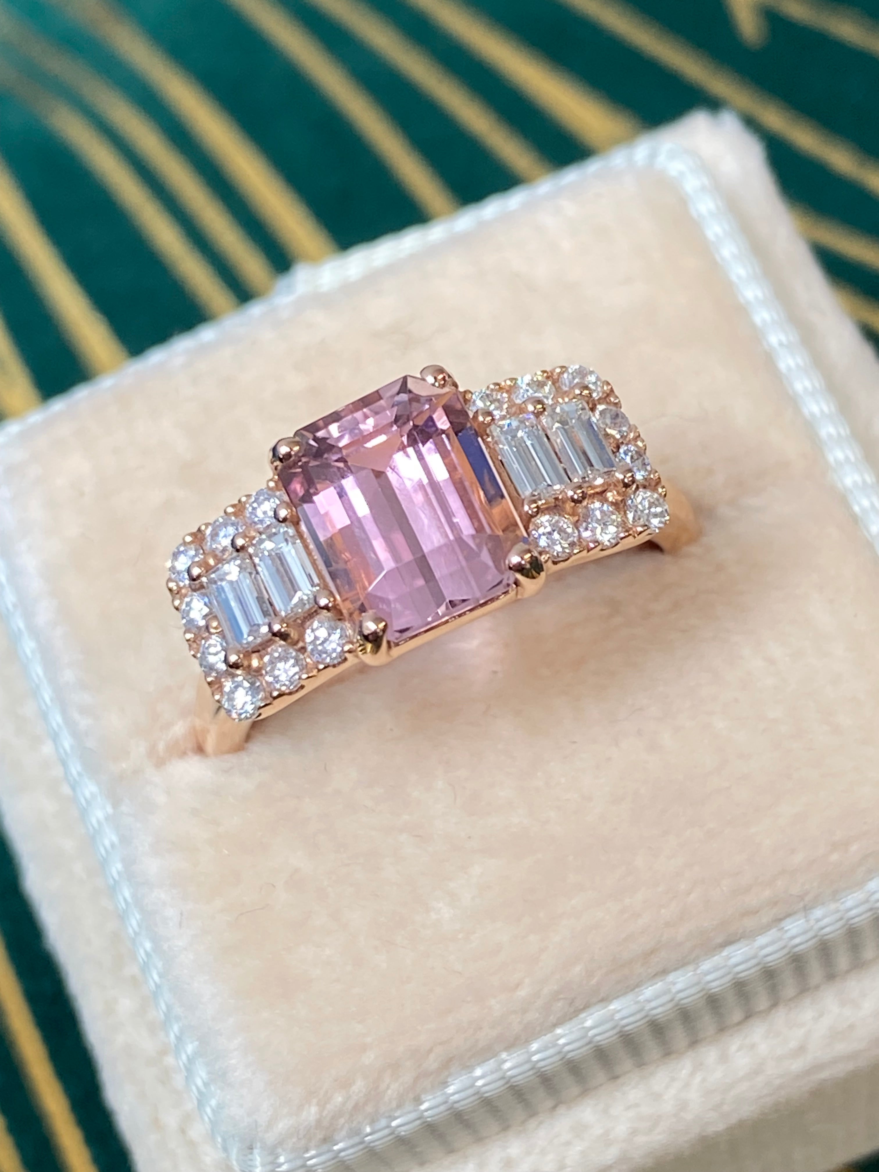 2.49 CTW Emerald Cut Morganite and Diamond Three Stone Style Engagement Ring in 18ct Rose Gold
