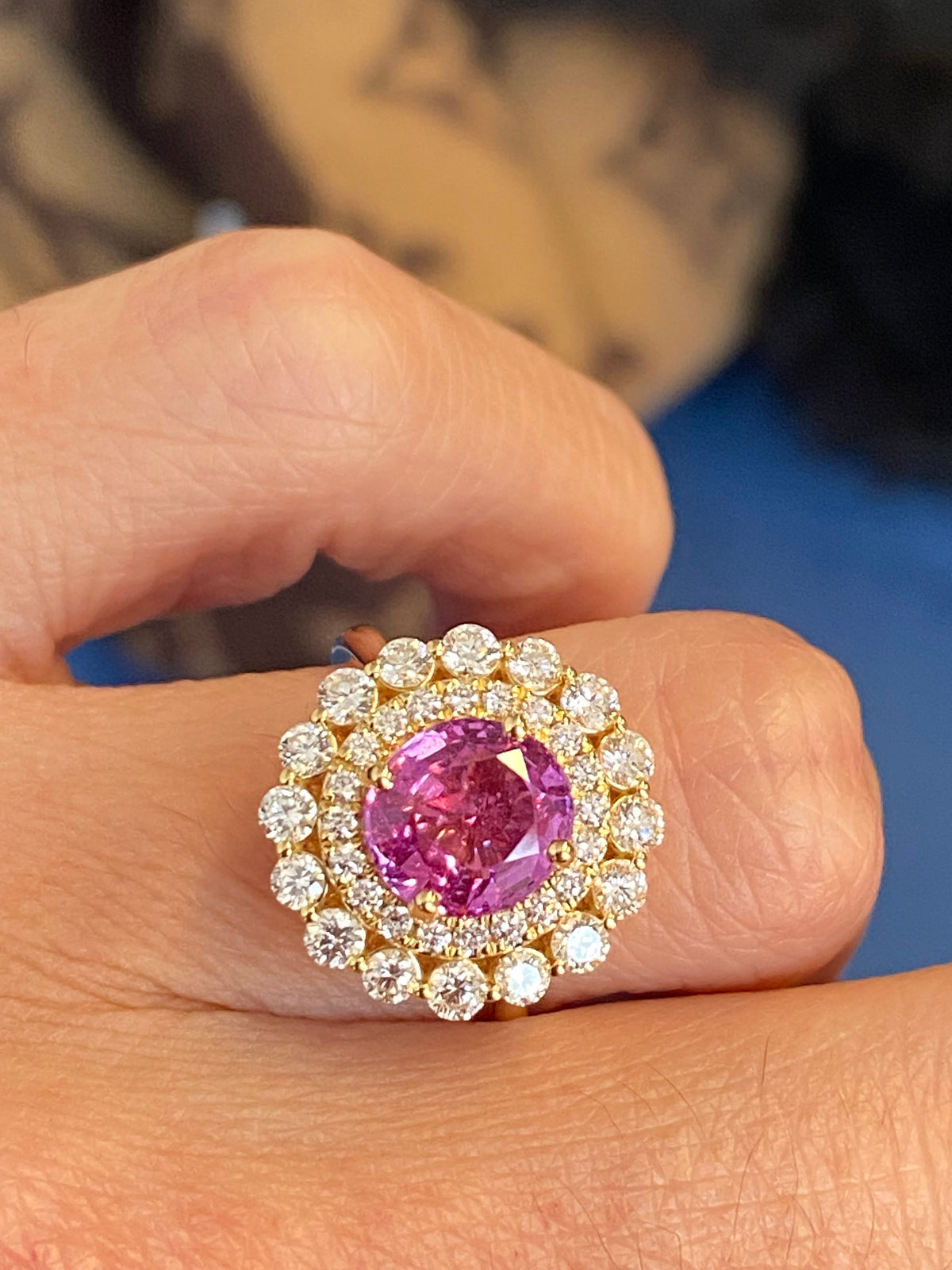 3.45 CTW Round Cut Pink Sapphire and Natural Diamond Halo Engagement Ring in 18ct Yellow Gold