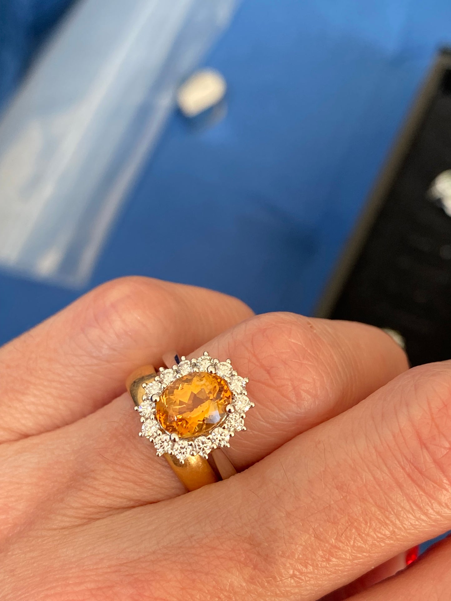 2.46 Carat Golden Topaz and Natural Diamond Ring in Platinum