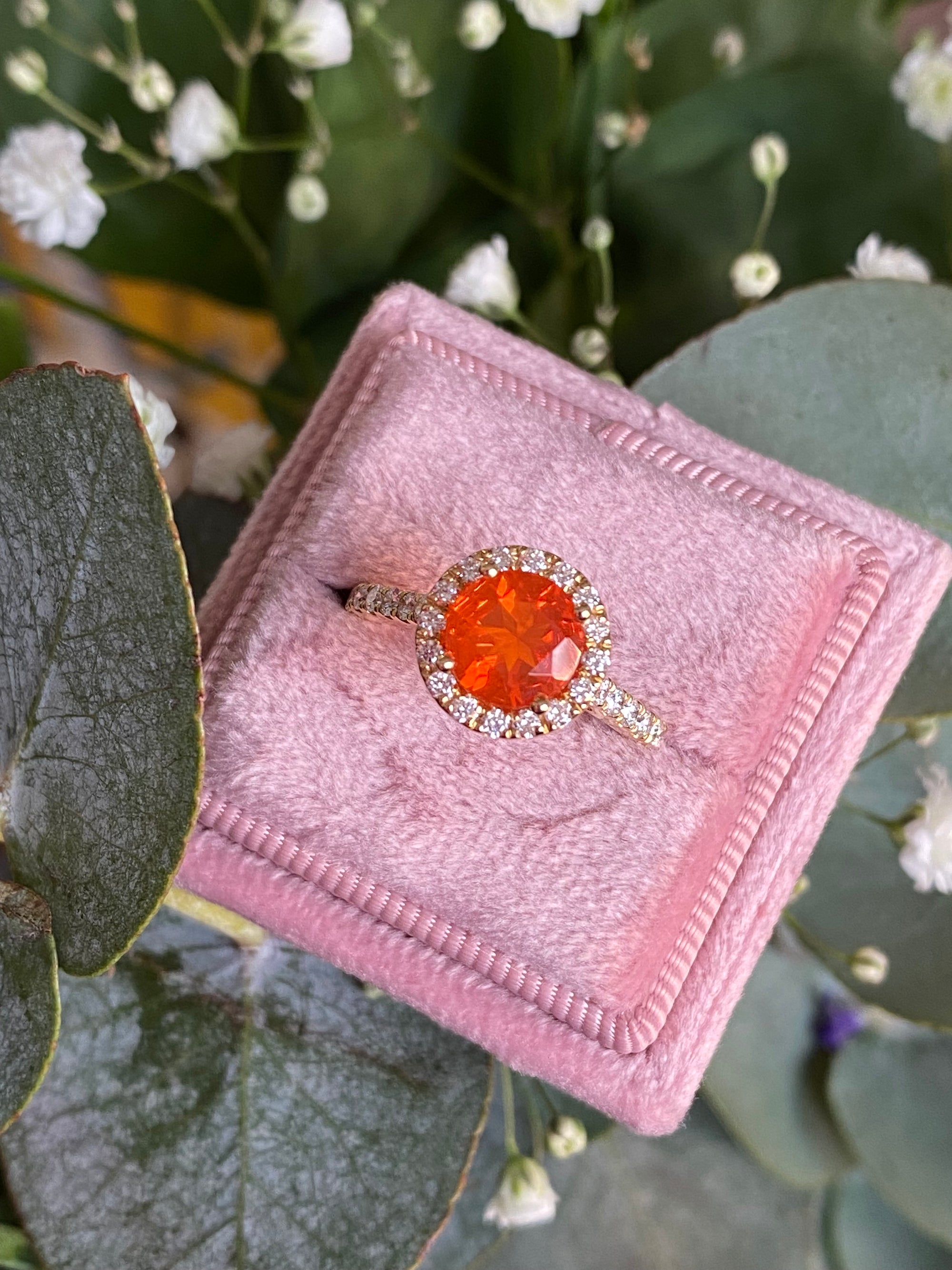 1.37 CTW Fire Opal and Natural Diamond Halo Ring in 18ct Yellow Gold