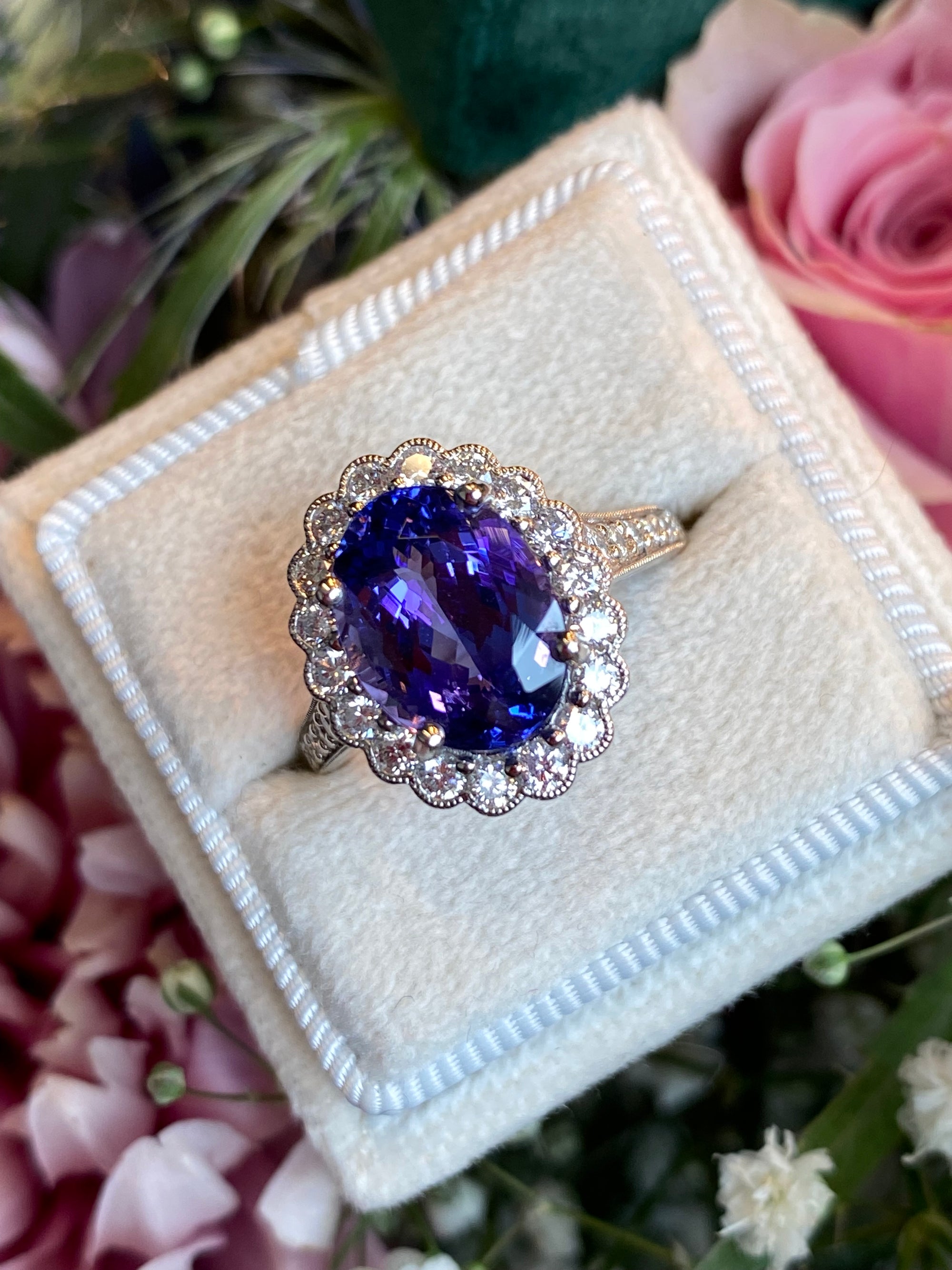 3.87 Carat Oval Cut Tanzanite and 0.75ctw Natural Diamond Cocktail Ring in Platinum