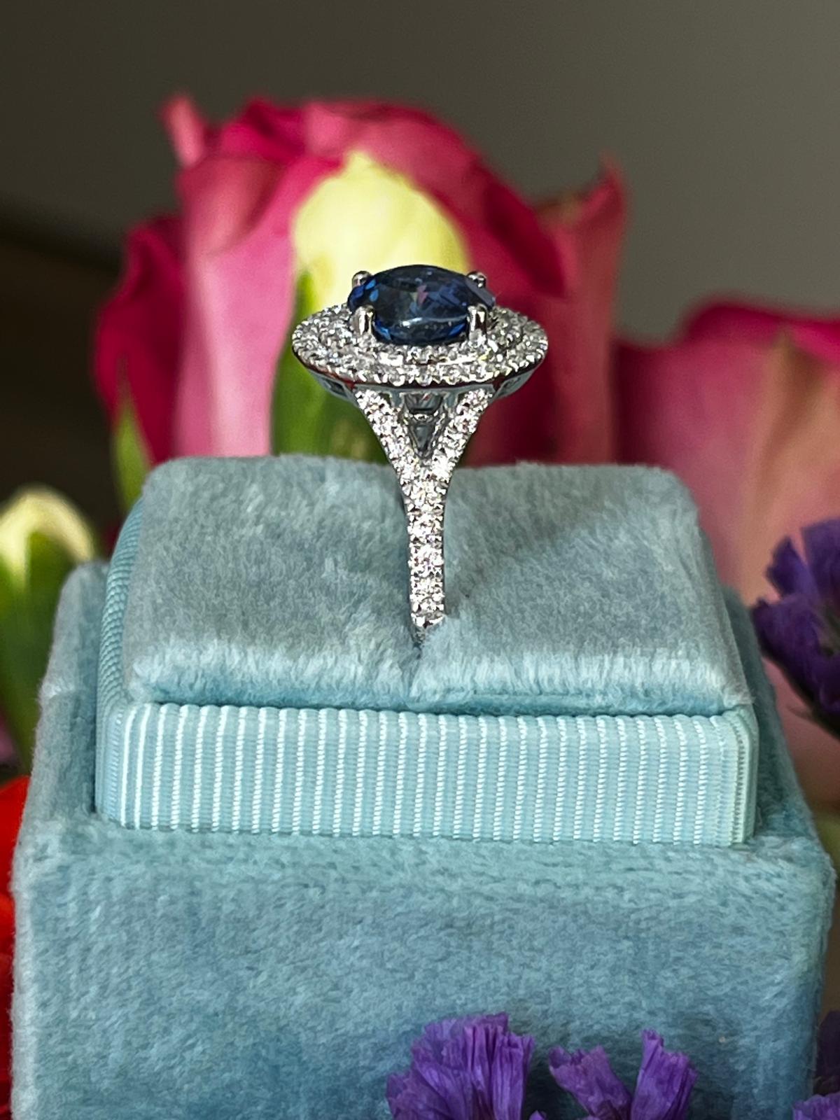 2.56 CTW Blue Ceylon Sapphire and Natural Diamond Double Halo Ring in Platinum