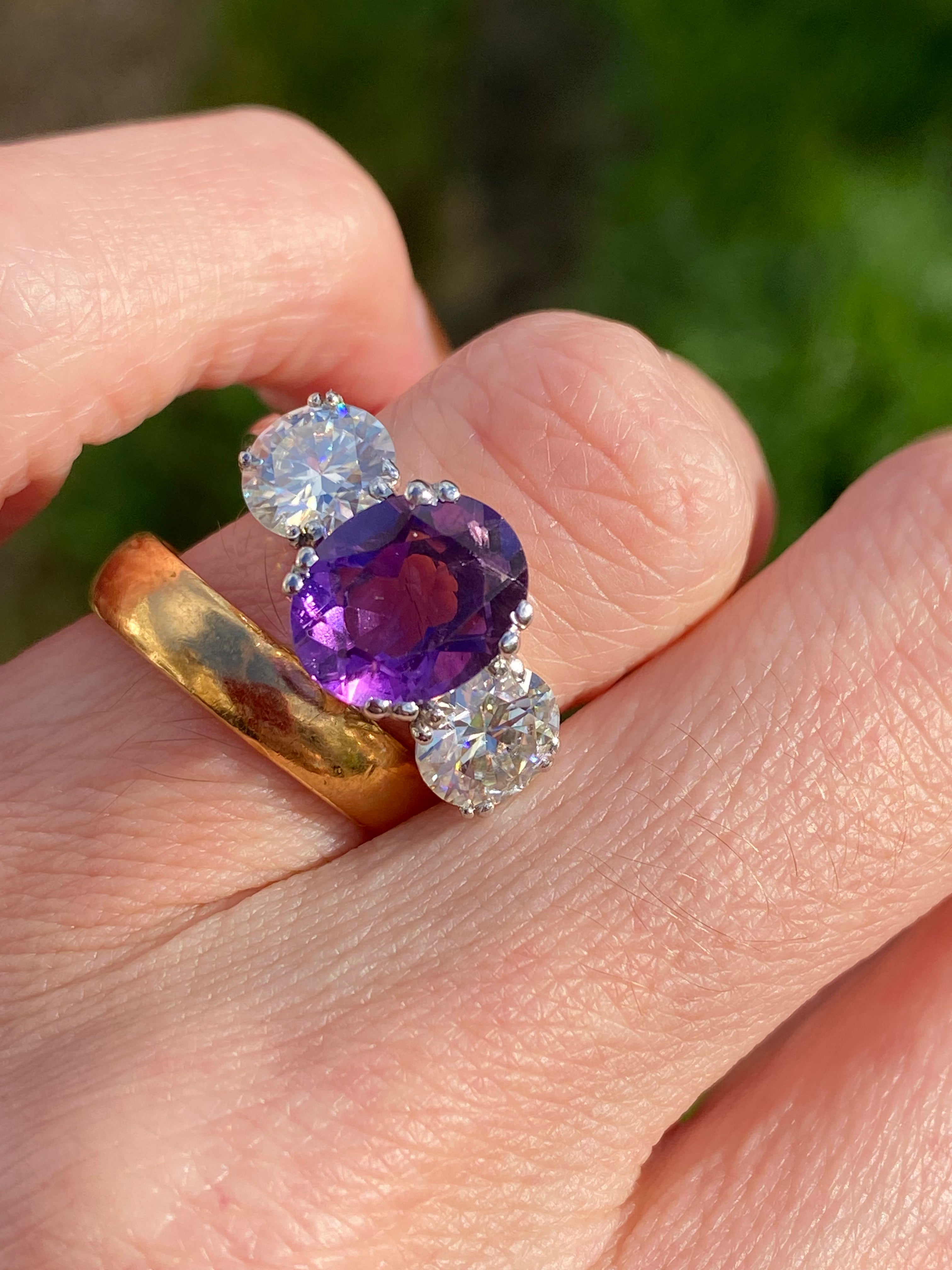 2.57 Carat Amethyst and 1.84 Carat Moissanite Three Stone Ring in Sterling Silver