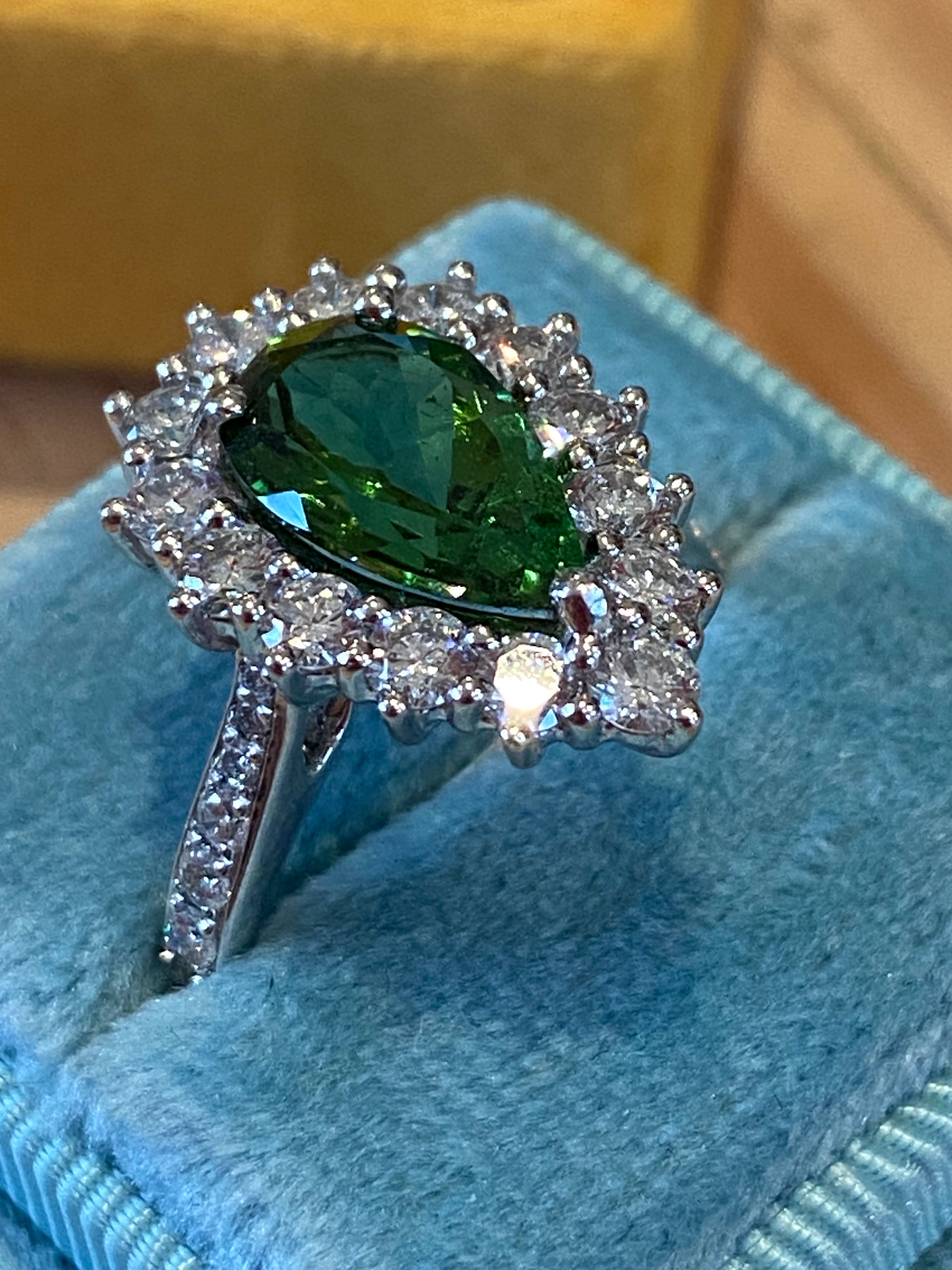 3.97 CTW Pear Cut Green Tourmaline and Natural Diamond Ring in Platinum