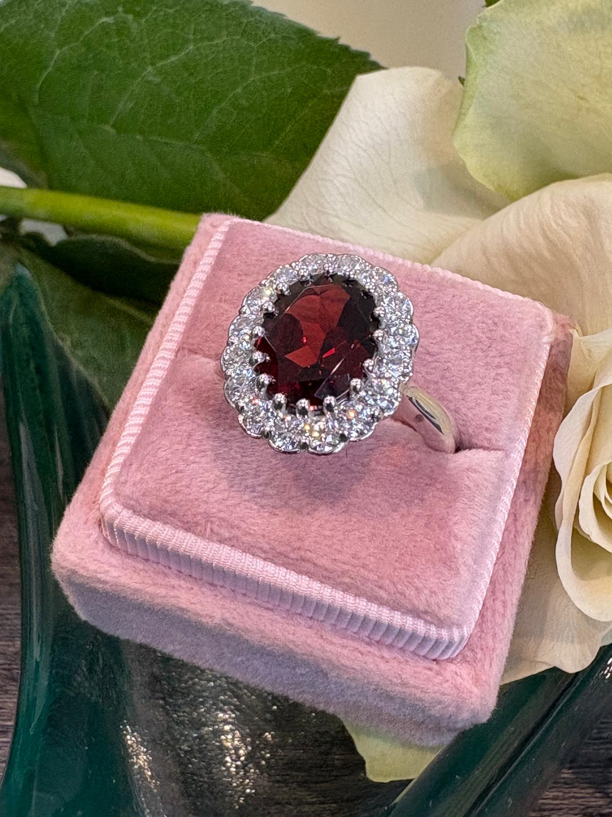 4.50 CTW Oval Cut Garnet and Moissanite Halo Cocktail Ring
