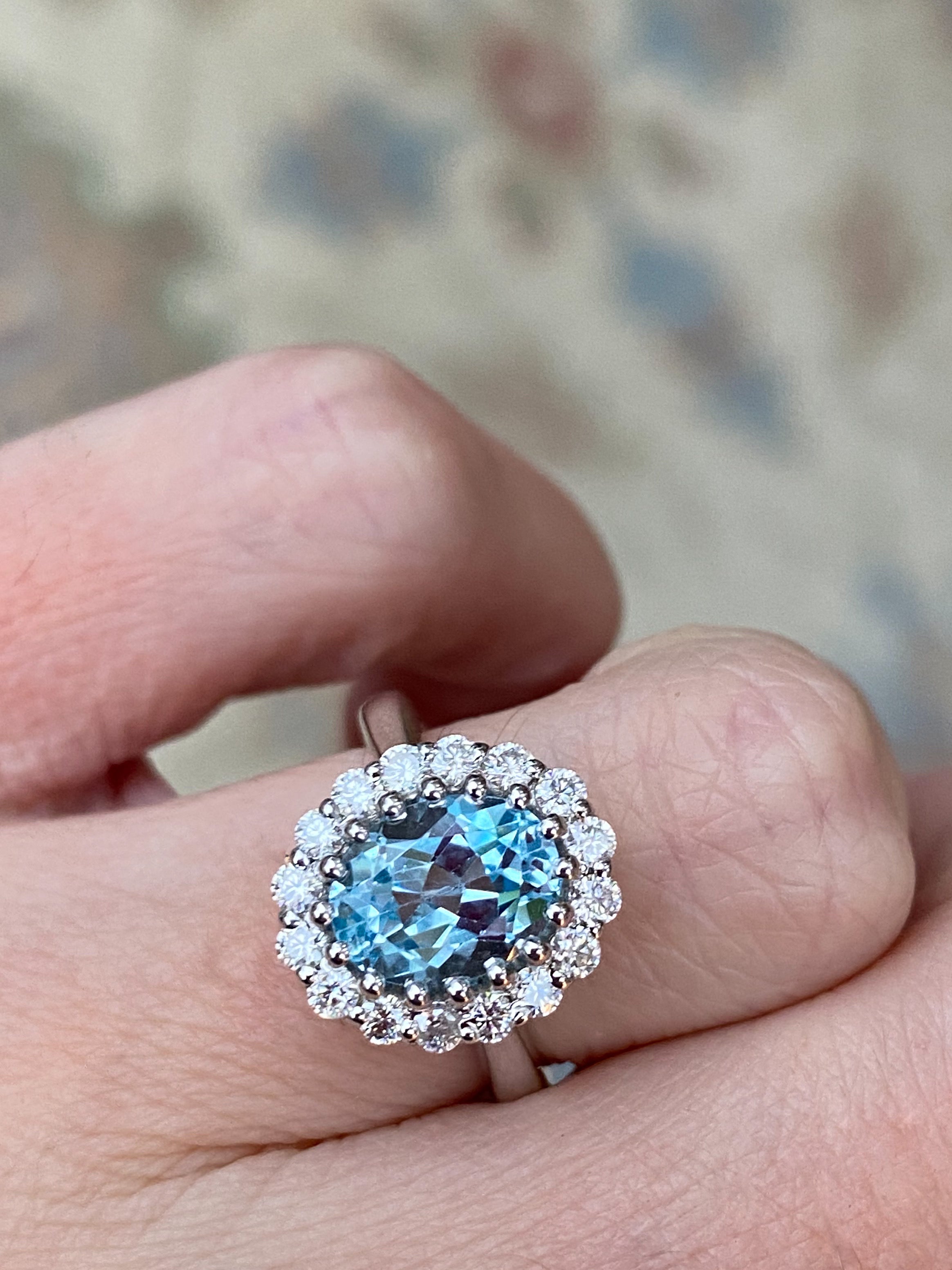 2.33 CTW Oval Cut Blue Topaz and Moissanite Halo Cluster Ring in Sterling Silver