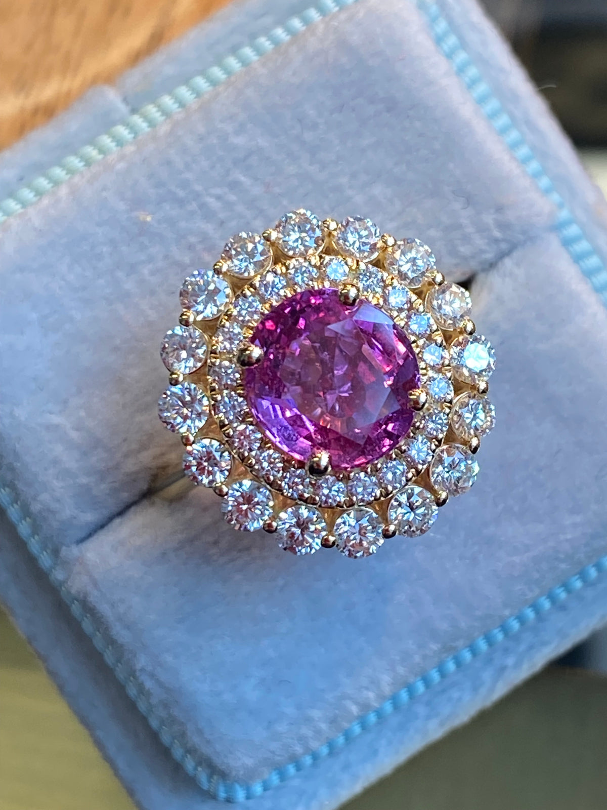 3.45 CTW Round Cut Pink Sapphire and Natural Diamond Halo Engagement Ring in 18ct Yellow Gold