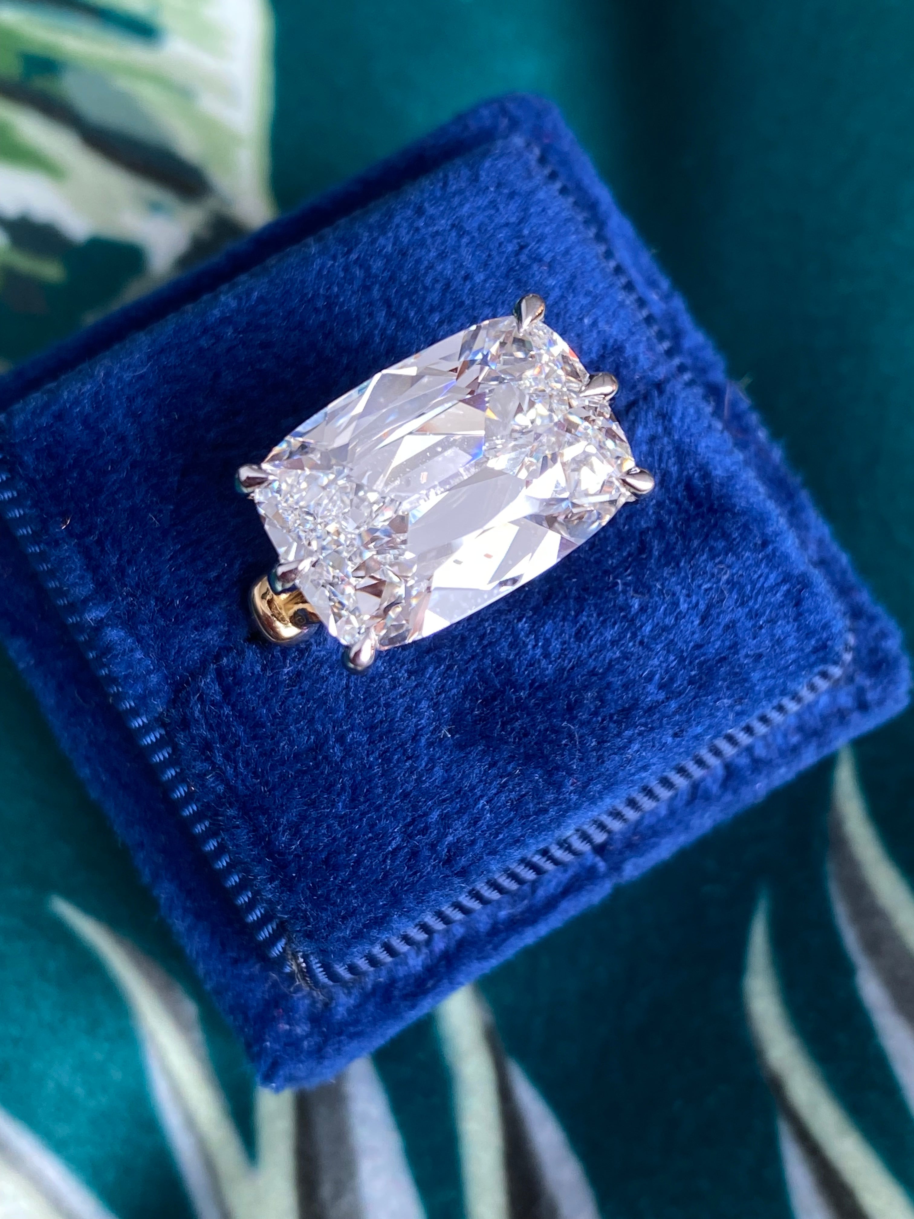 8.09 Carat Old Mine Cut Lab Diamond East West Solitaire Engagement Ring in 18ct Yellow Gold and Platinum