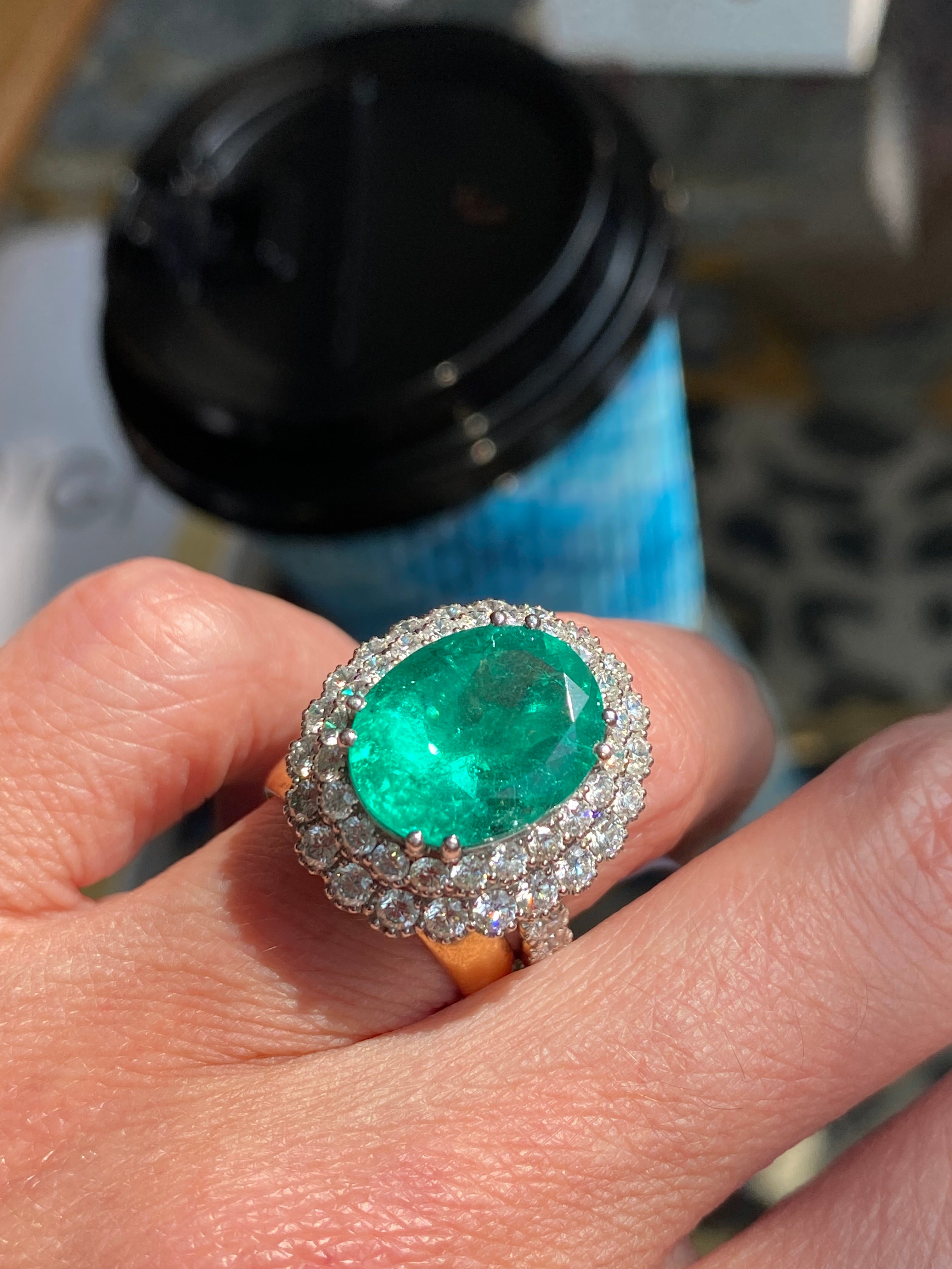 9.10 CTW Colombian Emerald and Natural Diamond Double Halo Ring in Platinum