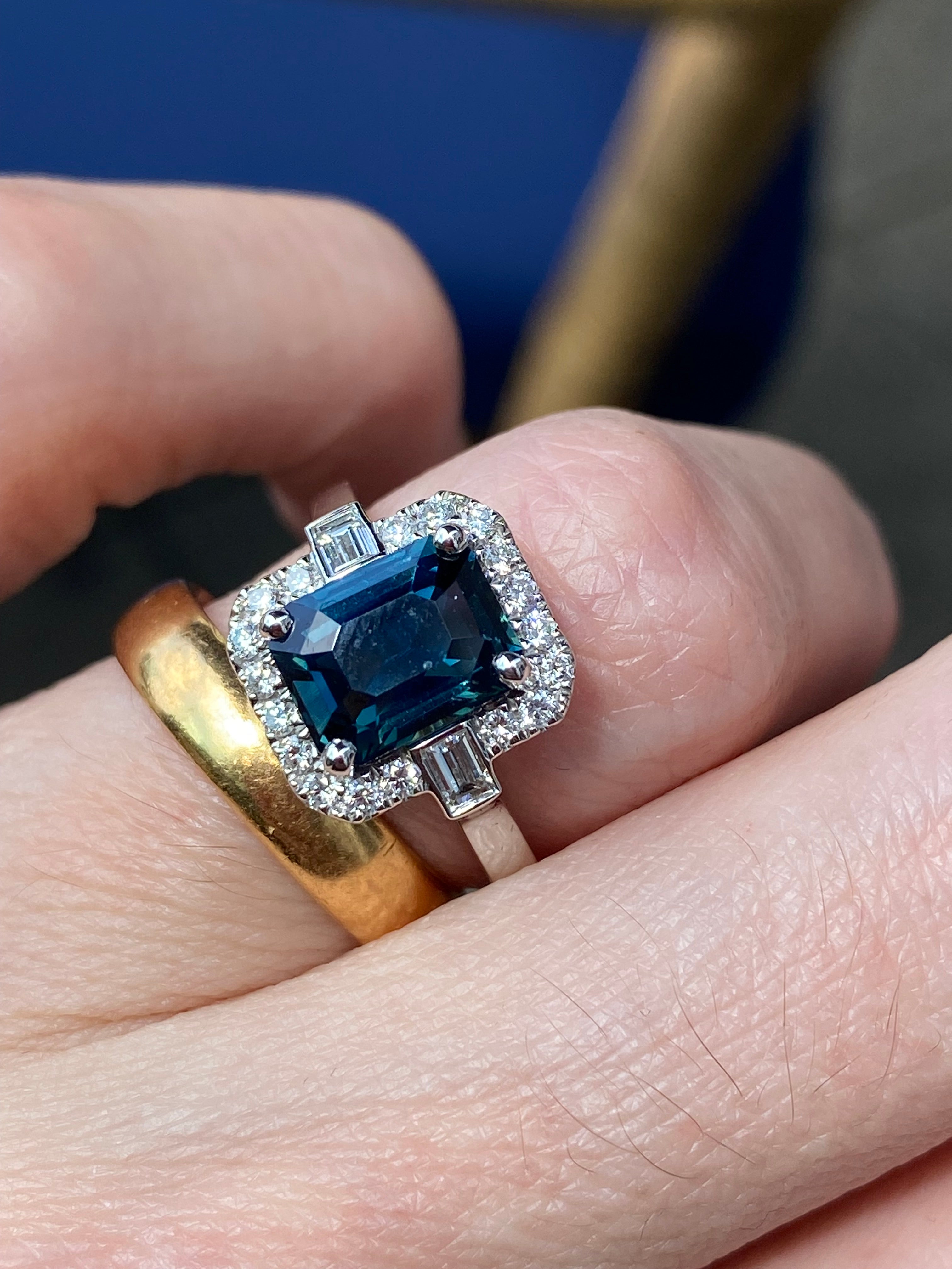 2.52 Carat Emerald Cut Teal Sapphire and Natural Diamond Halo Ring in Platinum