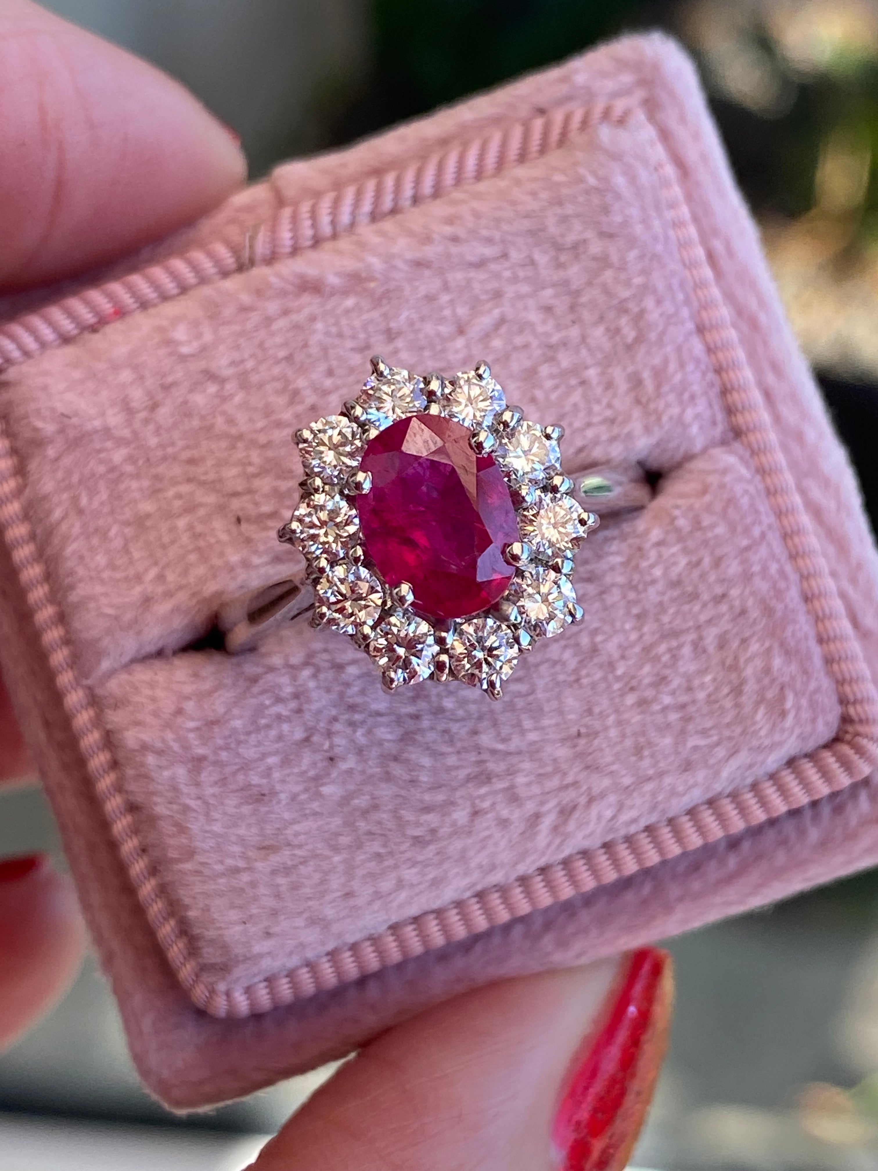 2.08 CTW Oval-Cut Ruby and Natural Diamond Halo Ring in Platinum