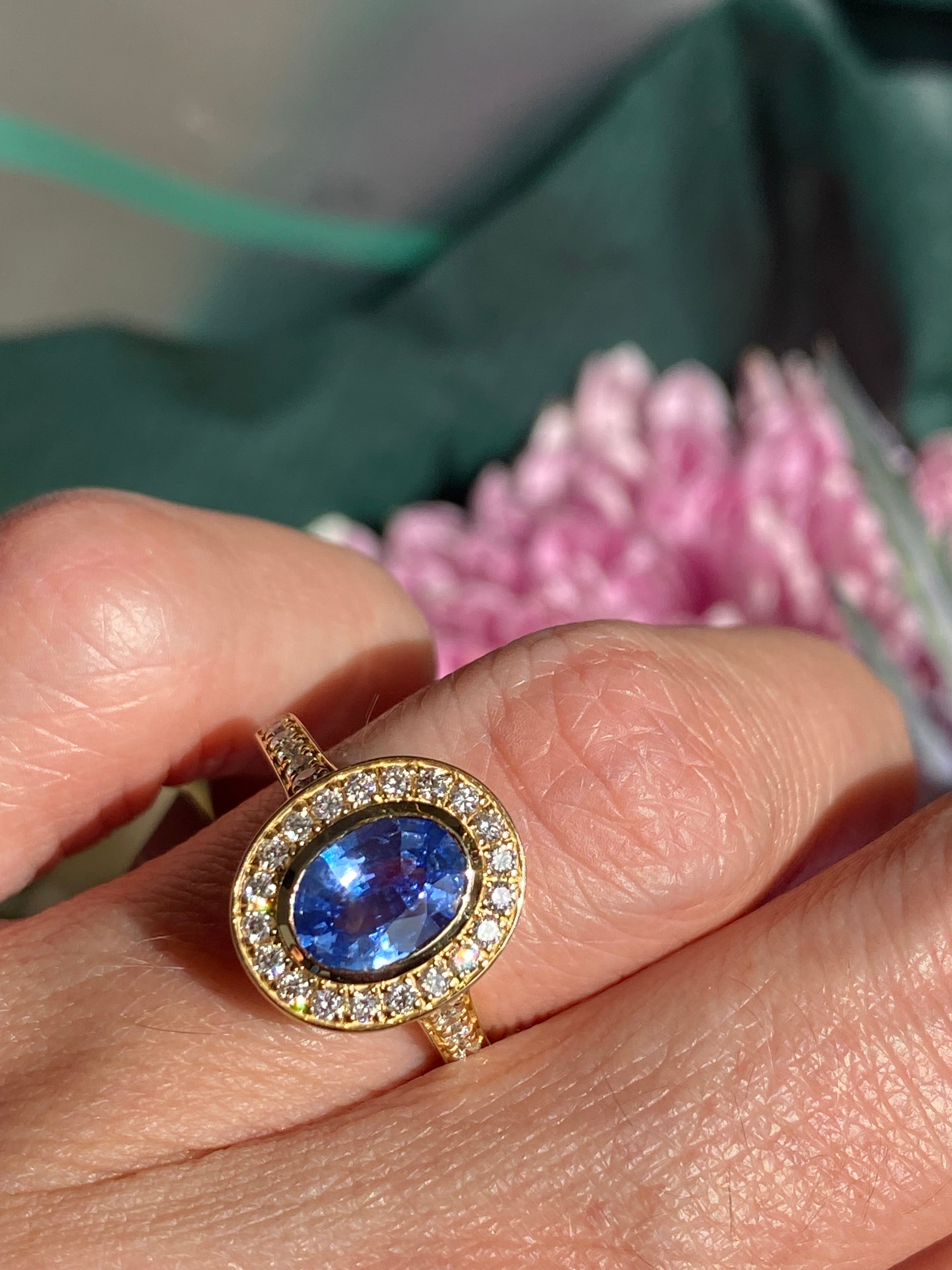 1.64 CTW Violet Sapphire and Natural Diamond Halo Ring in 18ct Yellow Gold