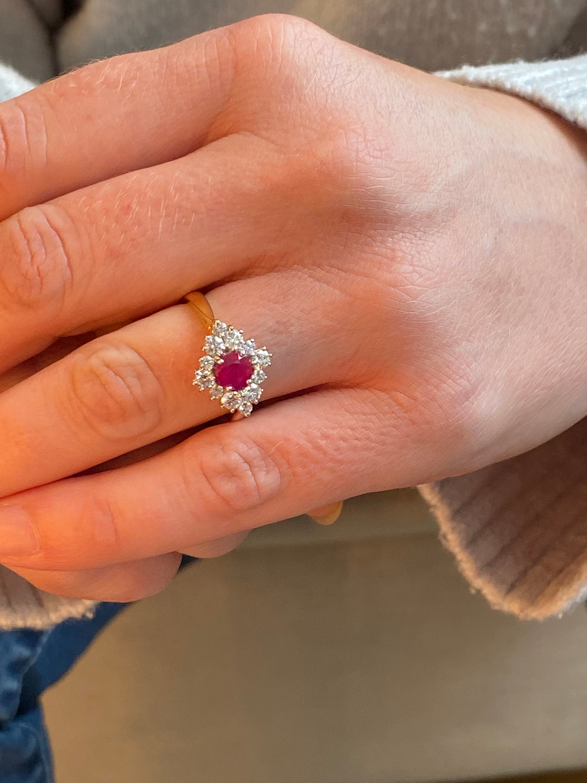 1.31 CTW Round-Cut Ruby and Natural Diamond Halo Ring in 18ct White and Yellow Gold