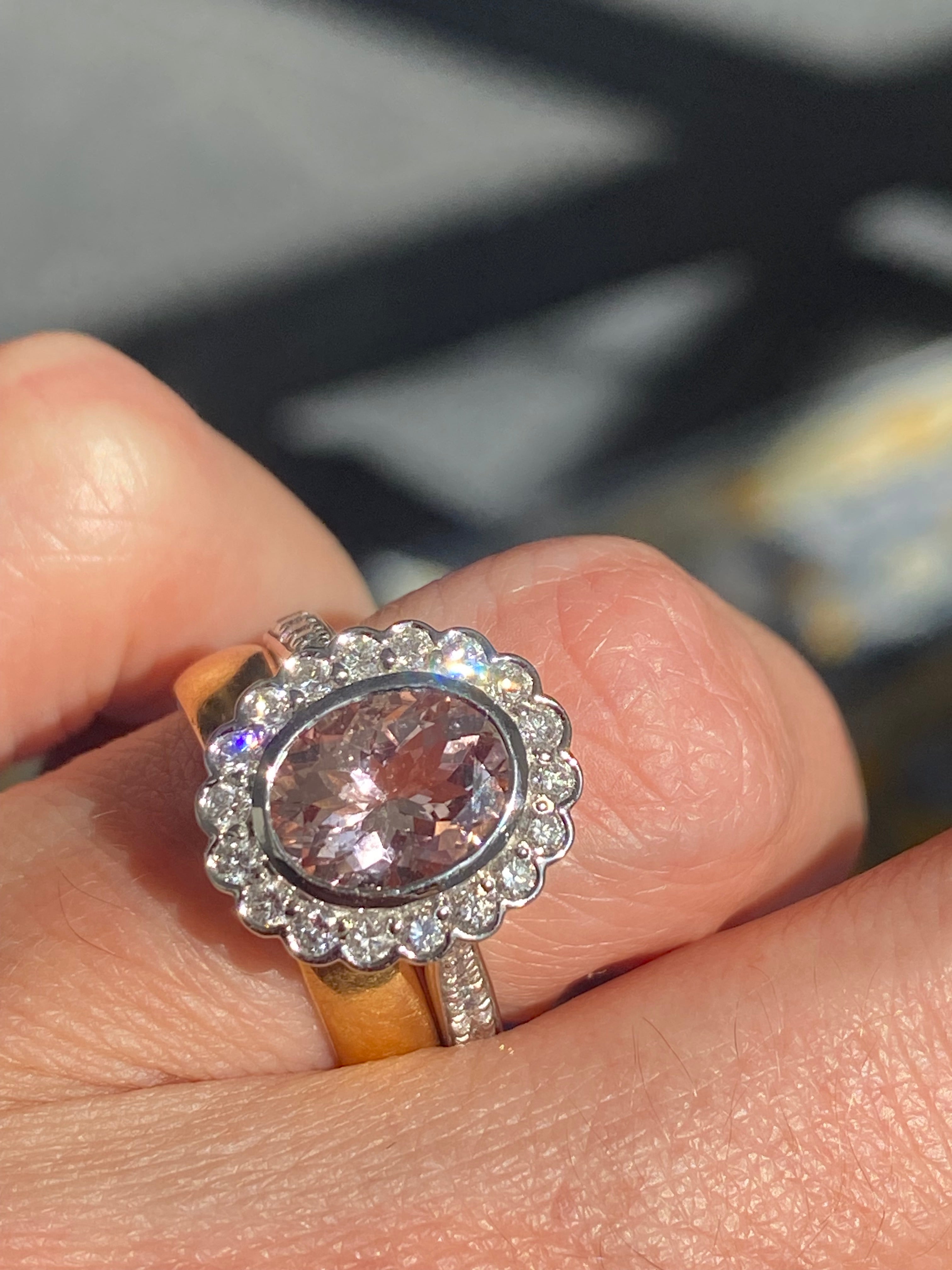 1.76 Carat Morganite and Natural Diamond Cluster Ring in Platinum