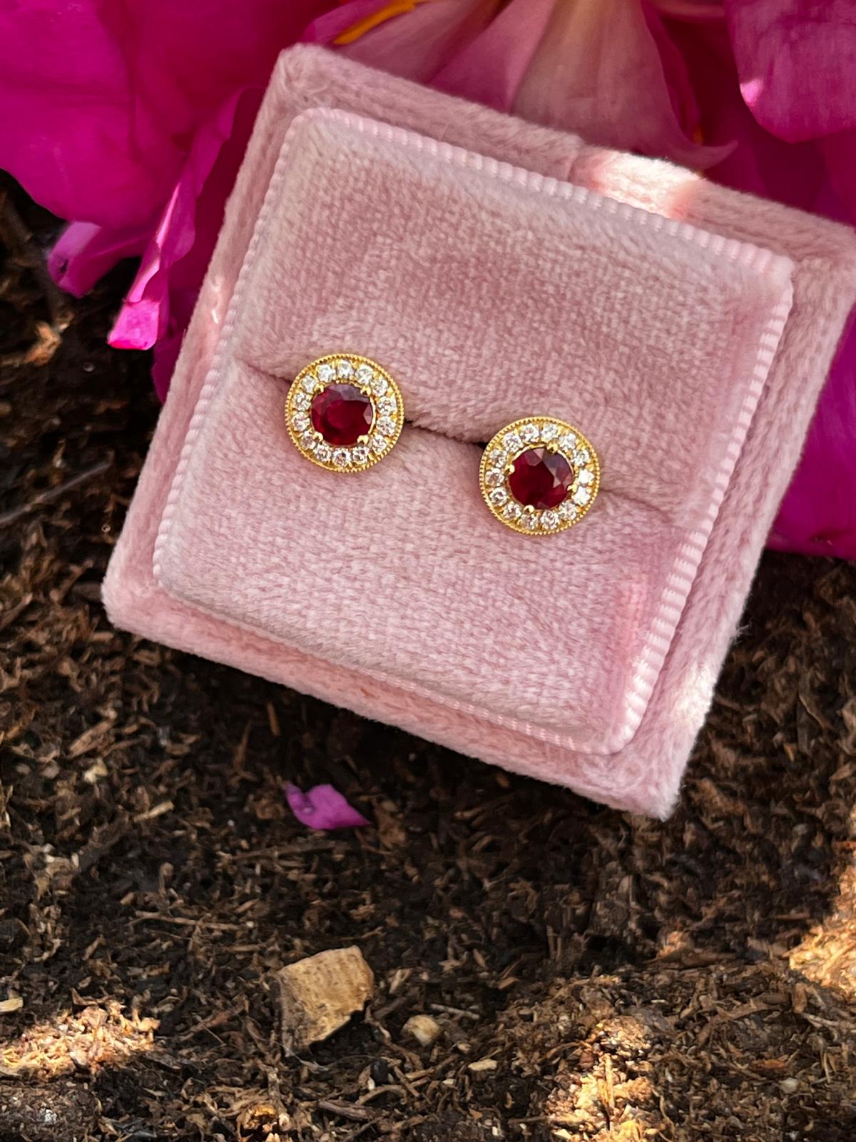 Ruby and Natural Diamond Halo Stud Earrings in 18ct Yellow Gold