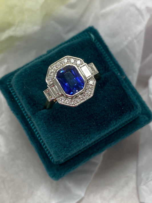 2.06 Carat Emerald Cut Sapphire and Natural Diamond Halo Ring in Platinum and 18ct Yellow Gold