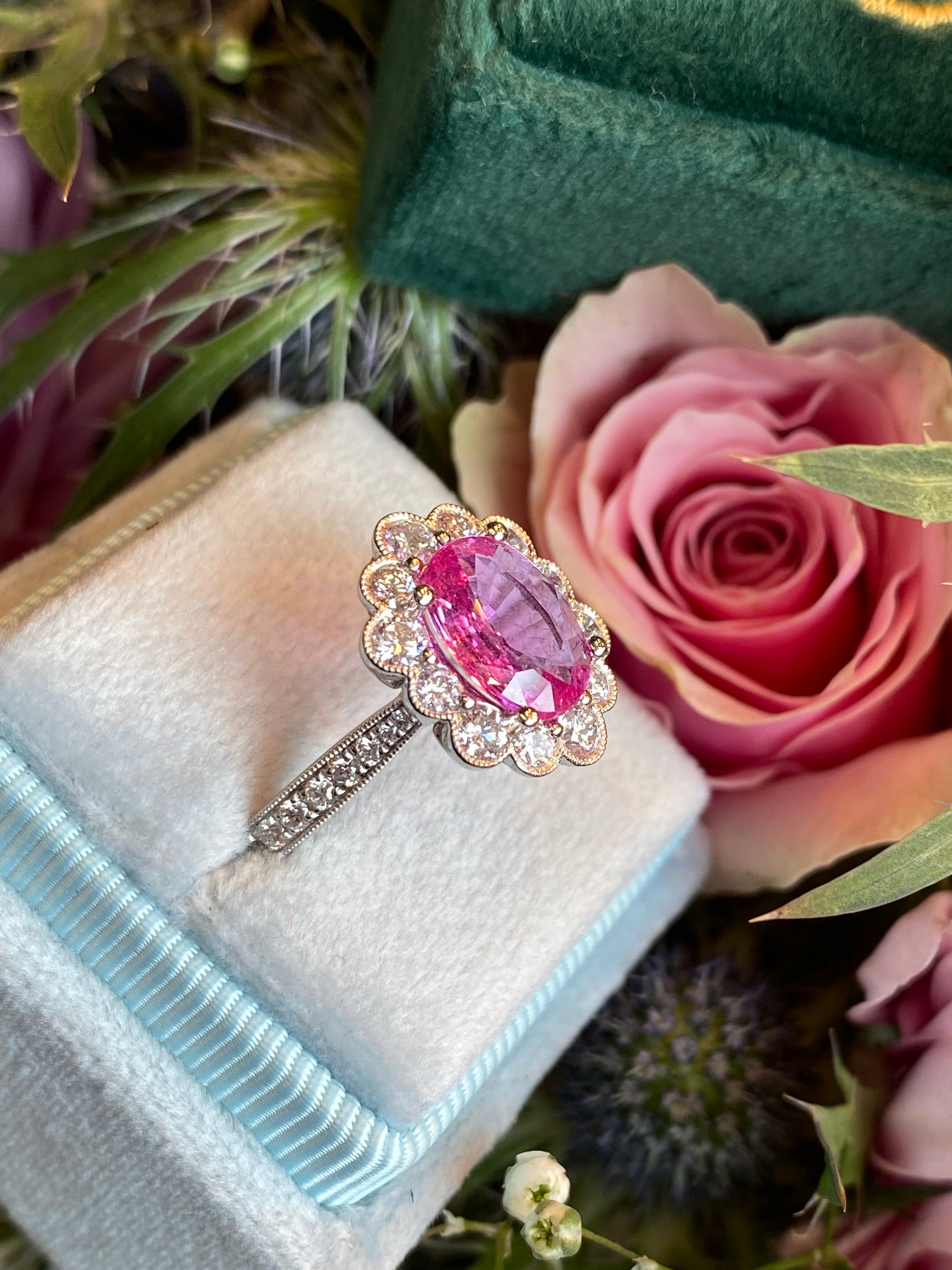 2.92 CTW Oval Cut Pink Sapphire and Natural Diamond Halo Engagement Ring in Platinum