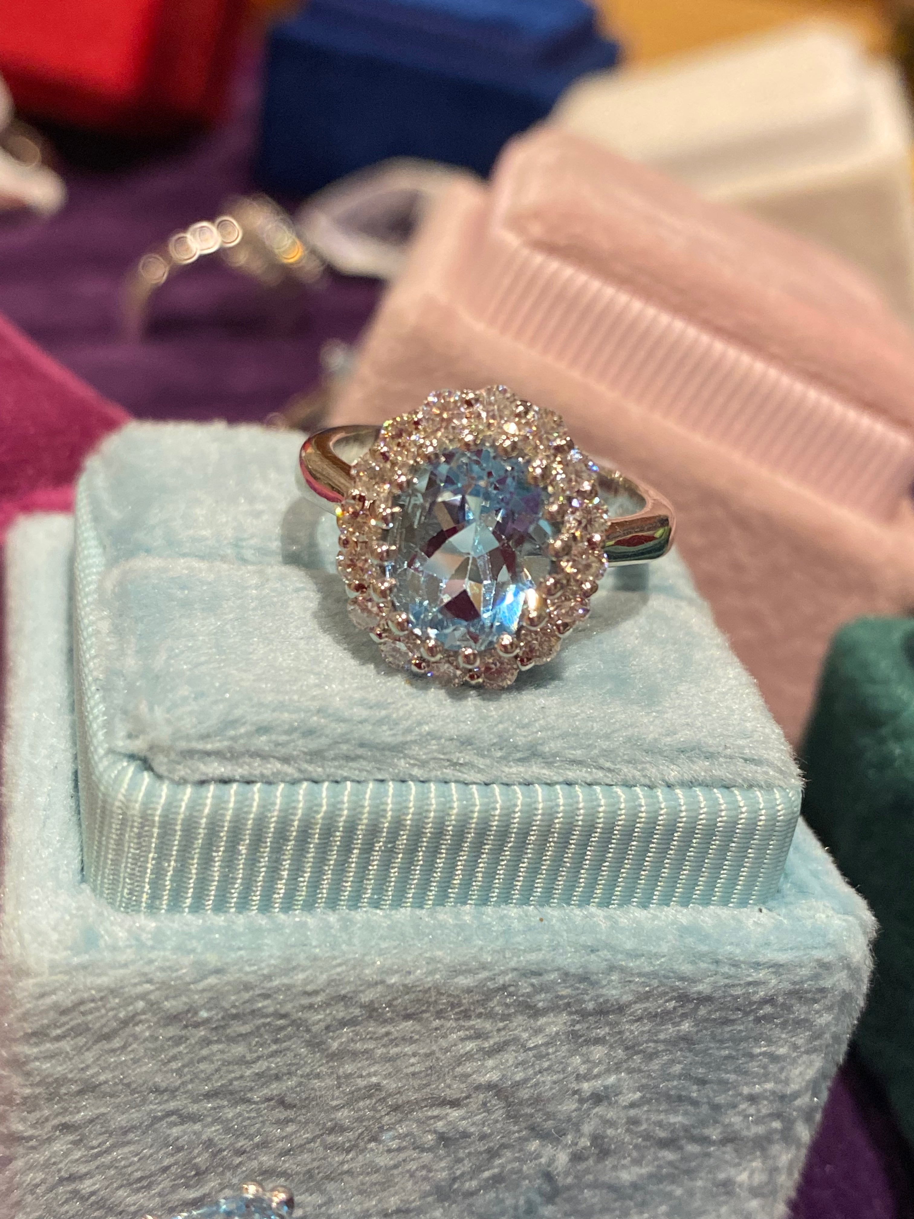 2.33 CTW Oval Cut Blue Topaz and Moissanite Halo Cluster Ring in Sterling Silver