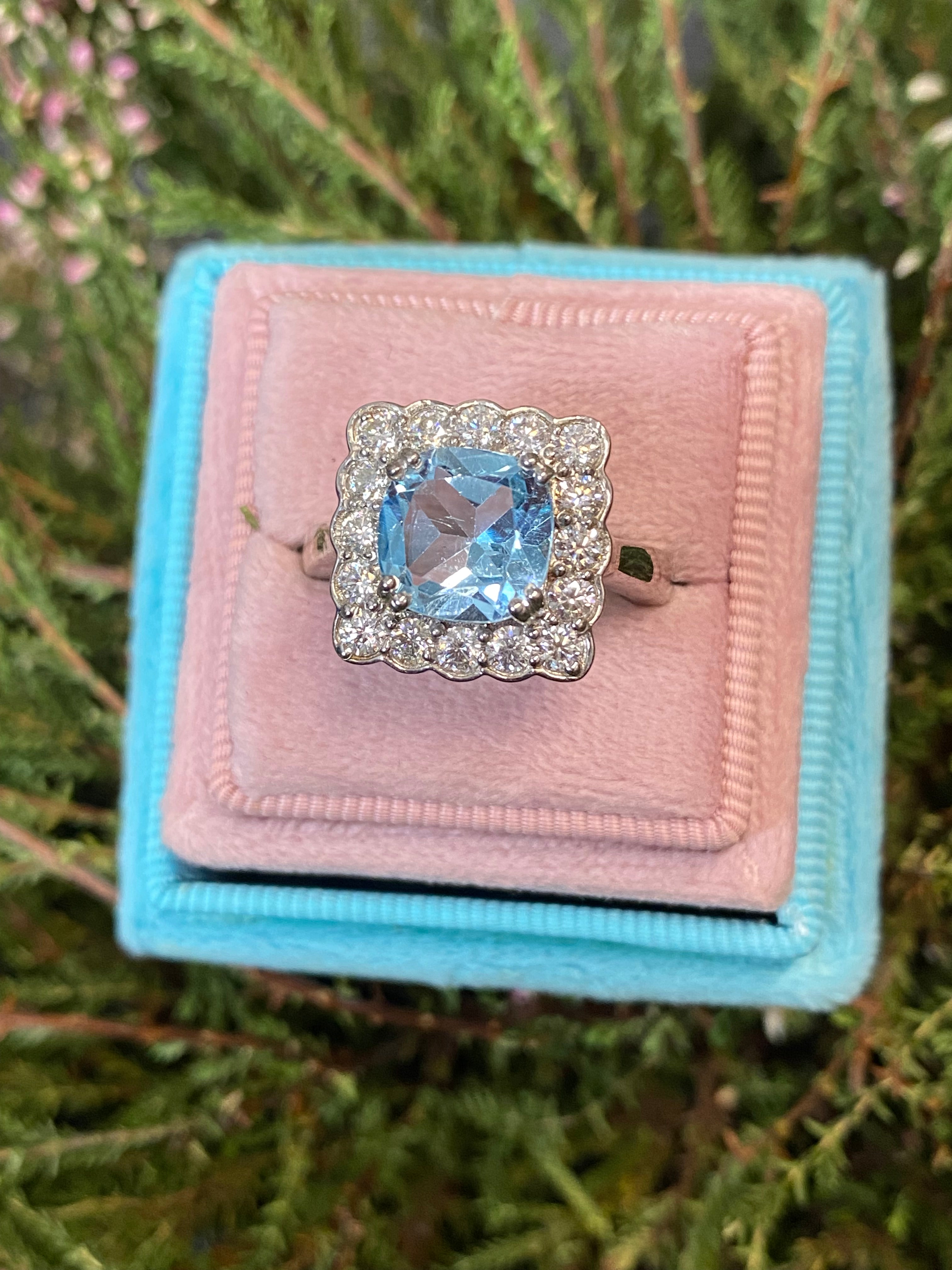 4.29 CTW Cushion Cut Blue Topaz and Moissanite Halo Cocktail Ring in Sterling Silver