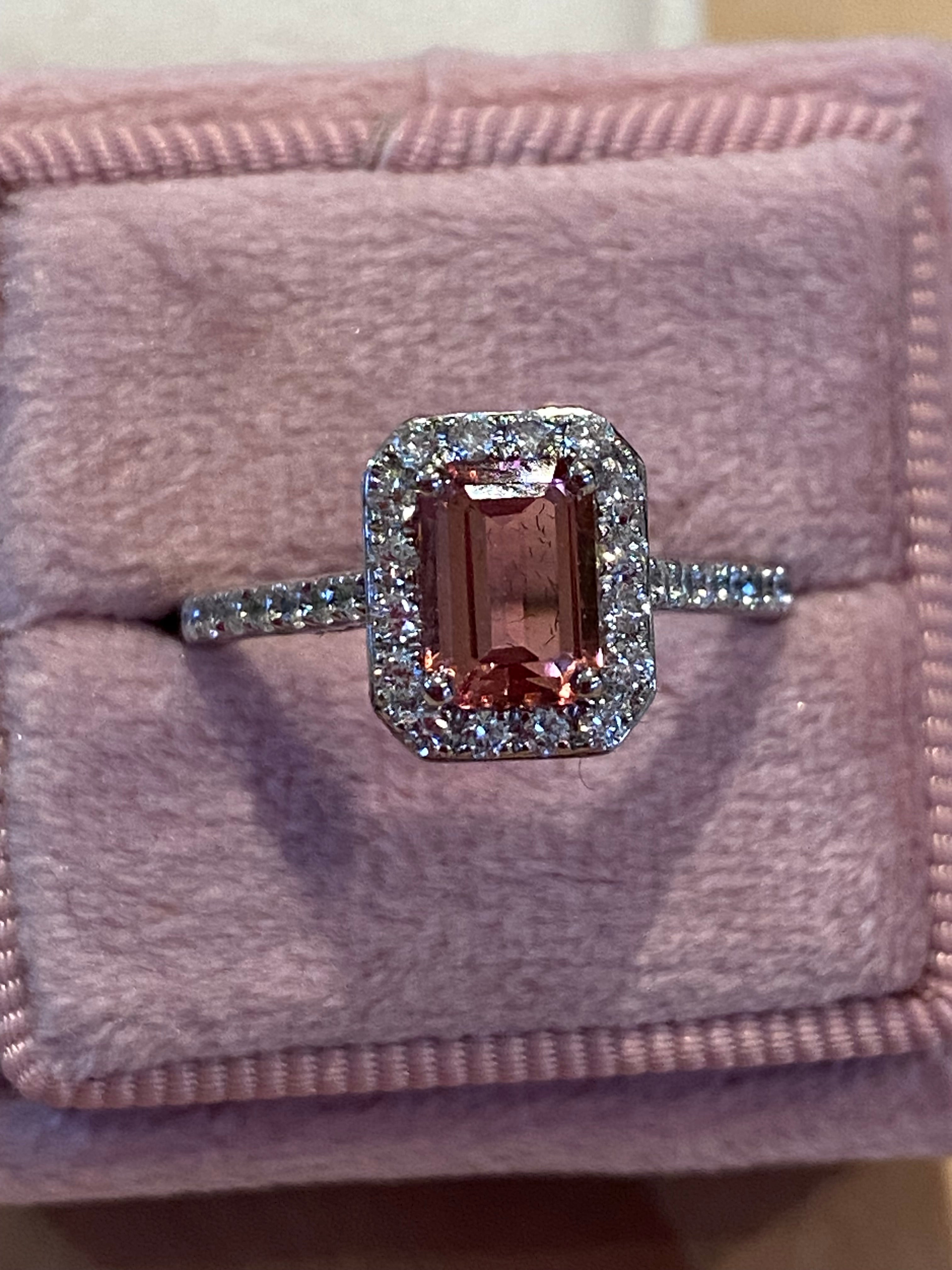 1.42 CTW Emerald Cut Pink Tourmaline and Natural Diamond Halo Ring in Platinum