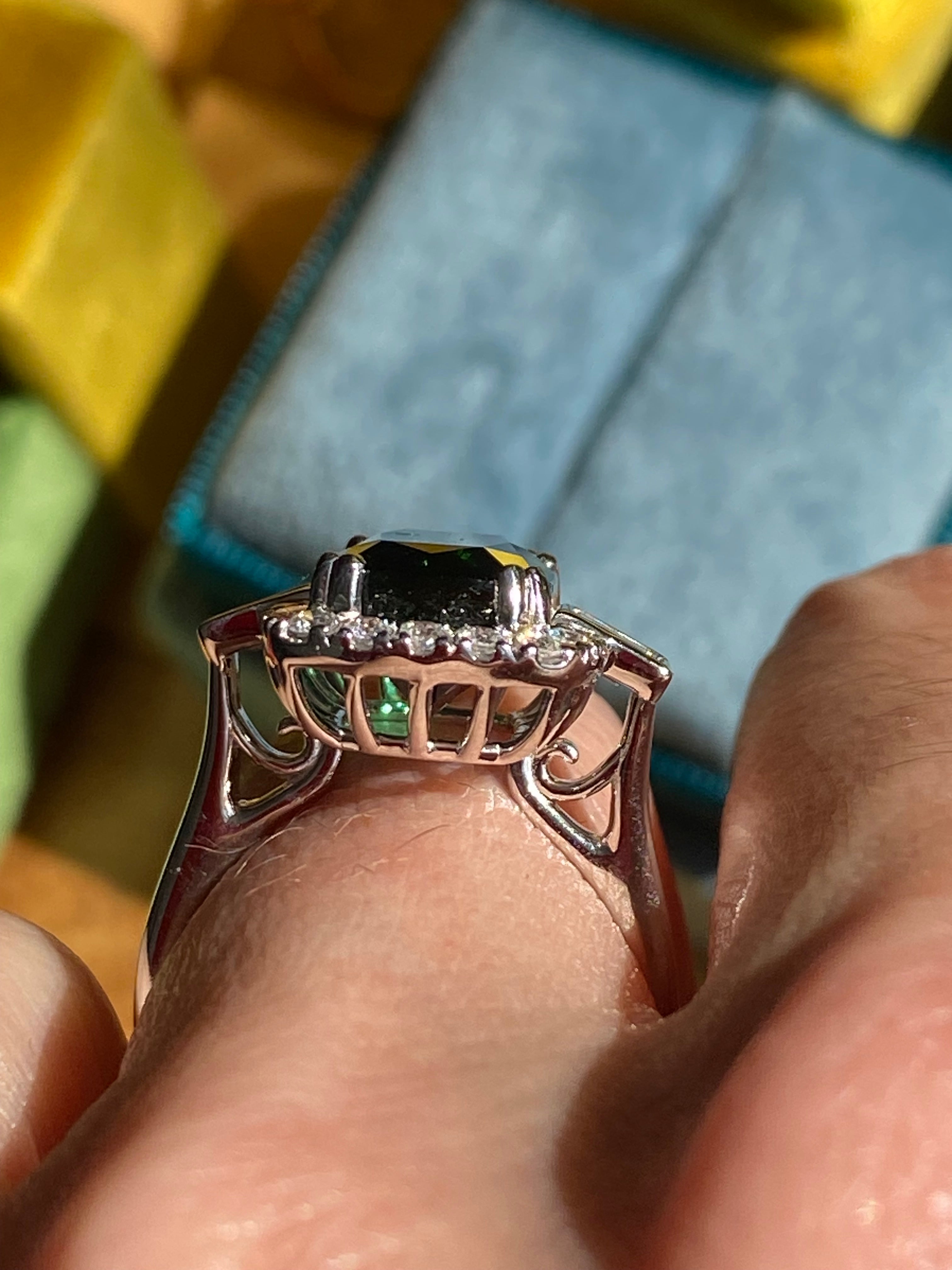 6.35 CTW Cut Teal Tourmaline and Natural Diamond Ring in Platinum