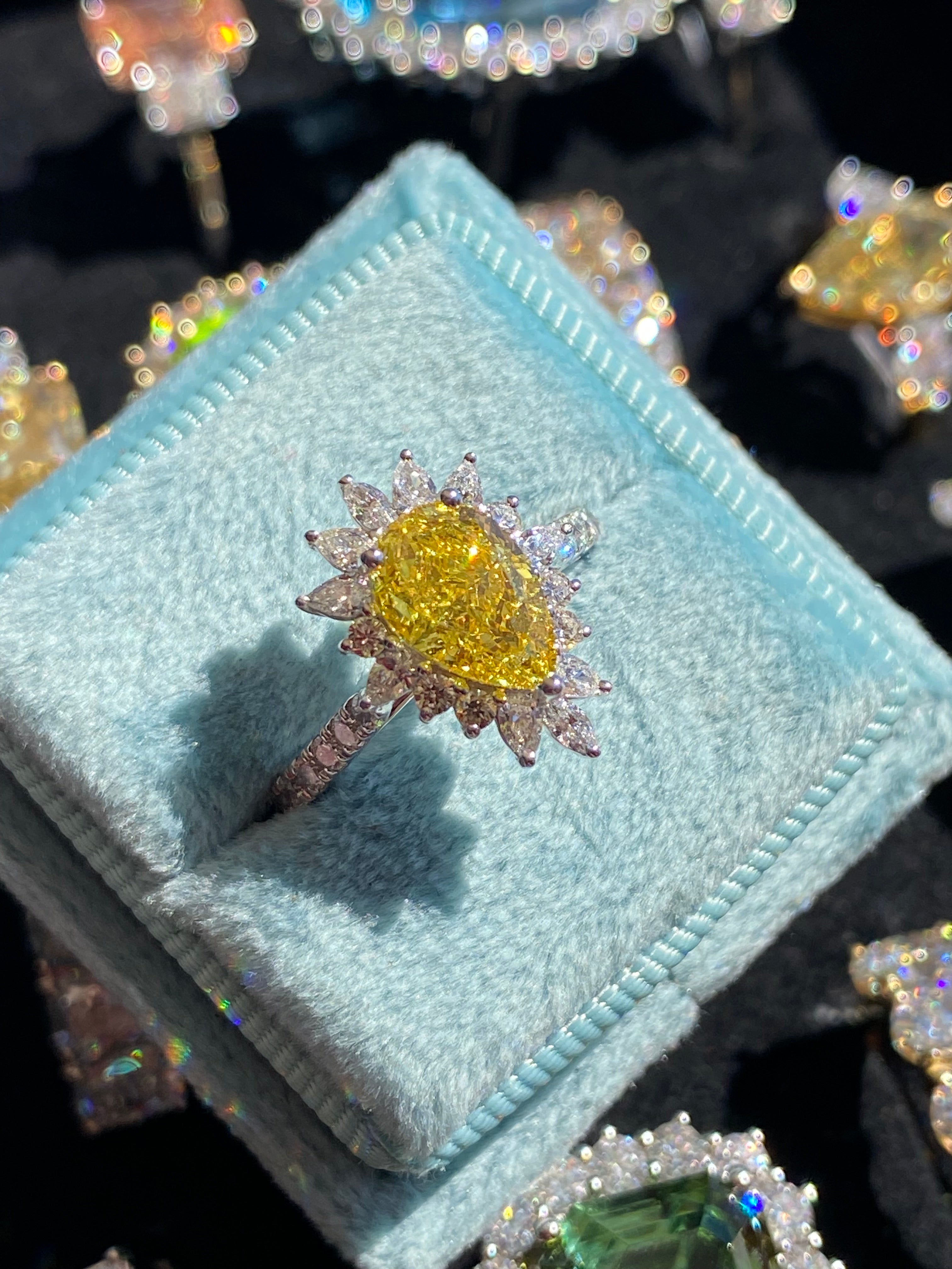 2.35 CTW Pear Cut Fancy Yellow Lab Diamond Halo Engagement Ring in Platinum