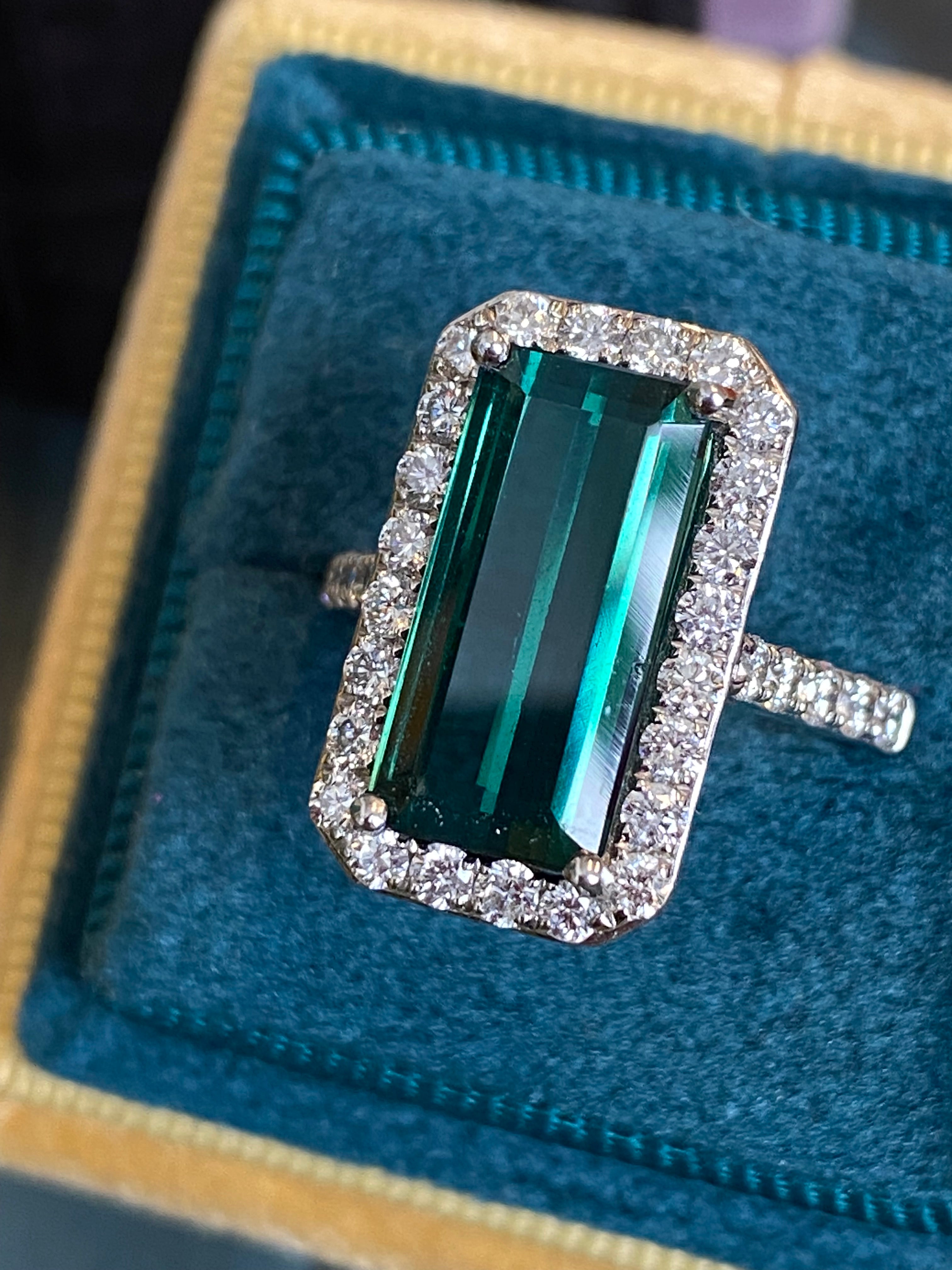 5.28 CTW Emerald Cut Green Tourmaline and Natural Diamond Ring in Platinum
