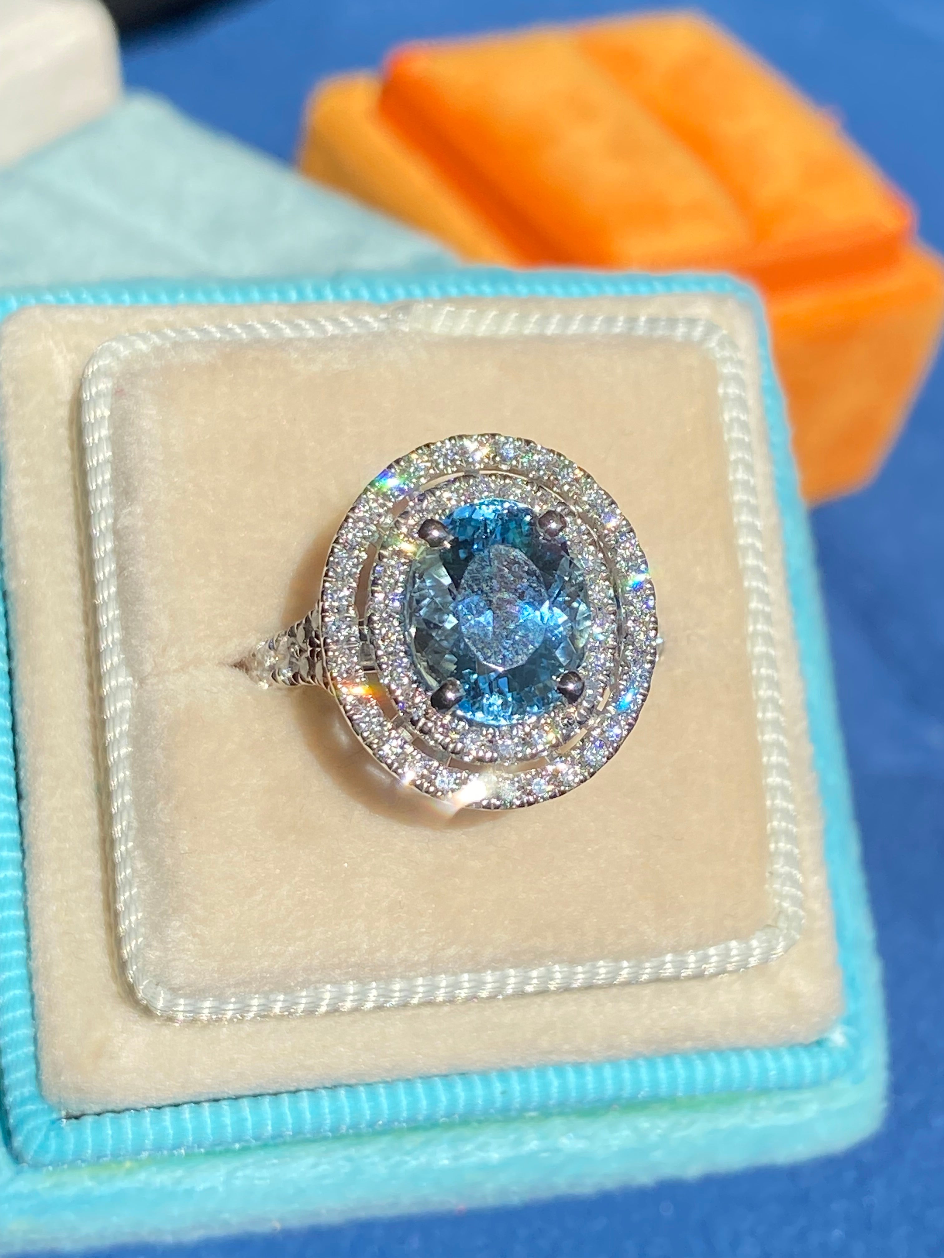 3.23 CTW Oval Cut Aquamarine and Natural Diamond Double Halo Engagement Ring in Platinum
