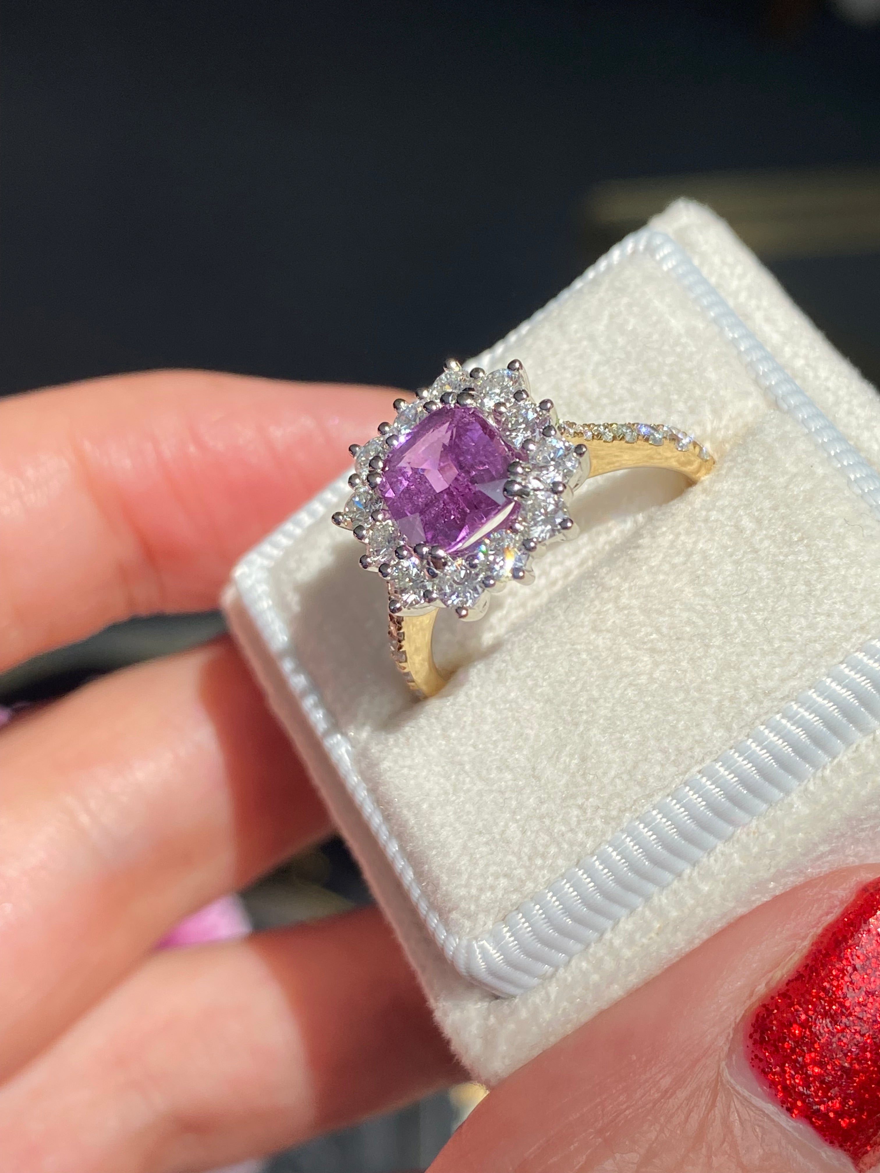 1.65 Carat Purple Sapphire and 0.85ctw Natural Diamond Halo Ring in Platinum and 18ct Gold