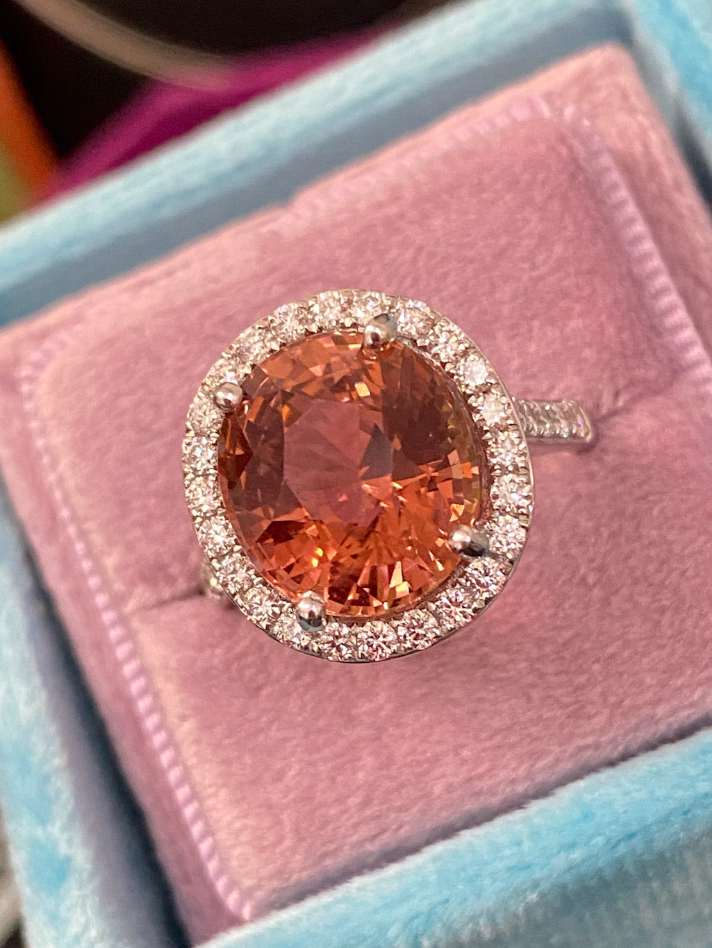 6.10 Carat Oval Cut Rose Pink Tourmaline and Natural Diamond Ring in Platinum