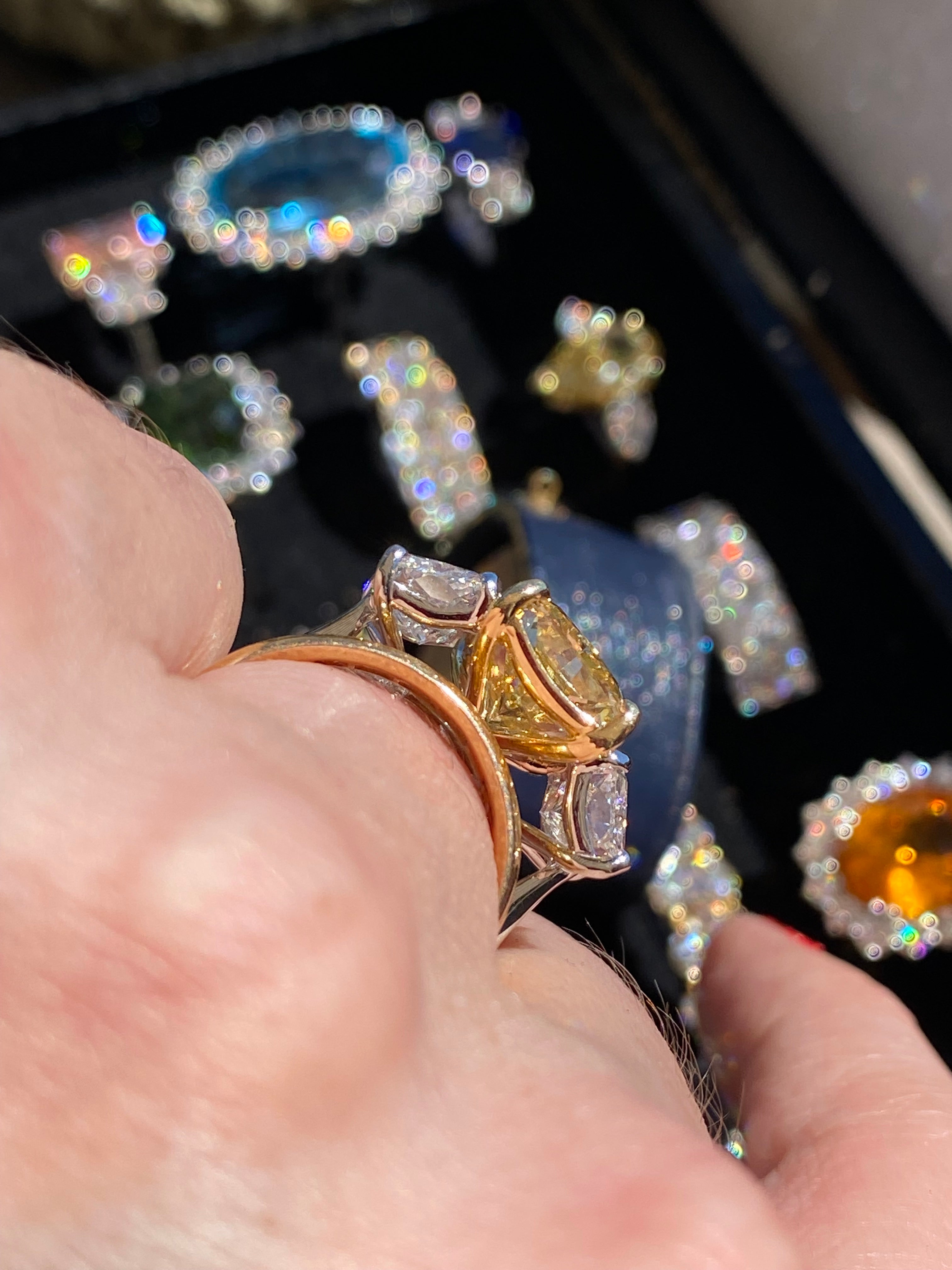 8.29 CTW Radiant Cut Fancy Yellow Lab Diamond Three Stone Engagement Ring in Platinum and 18ct Yellow Gold