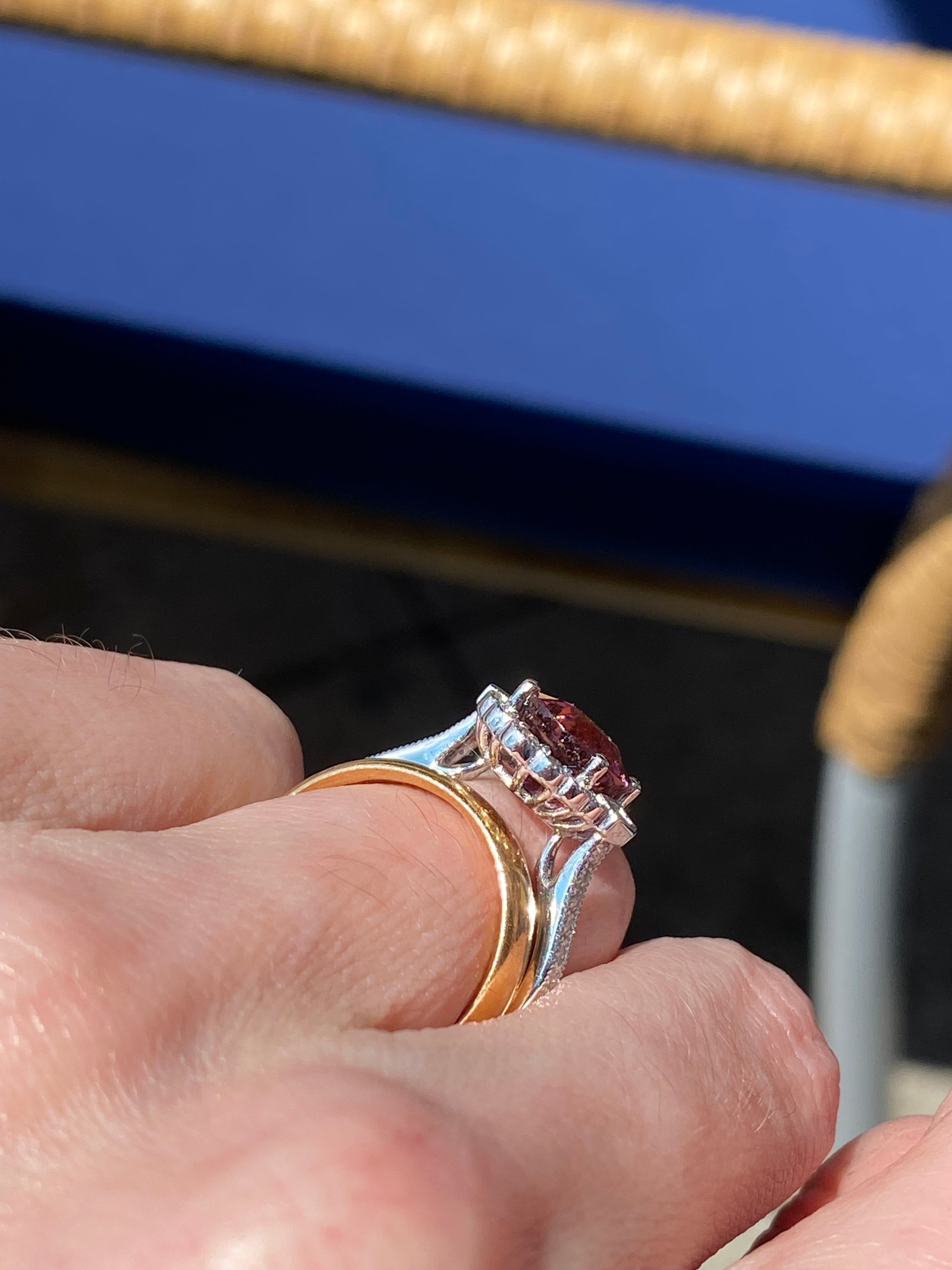 3.13 Carat Oval Cut Pink Tourmaline and Natural Diamond Ring in Platinum