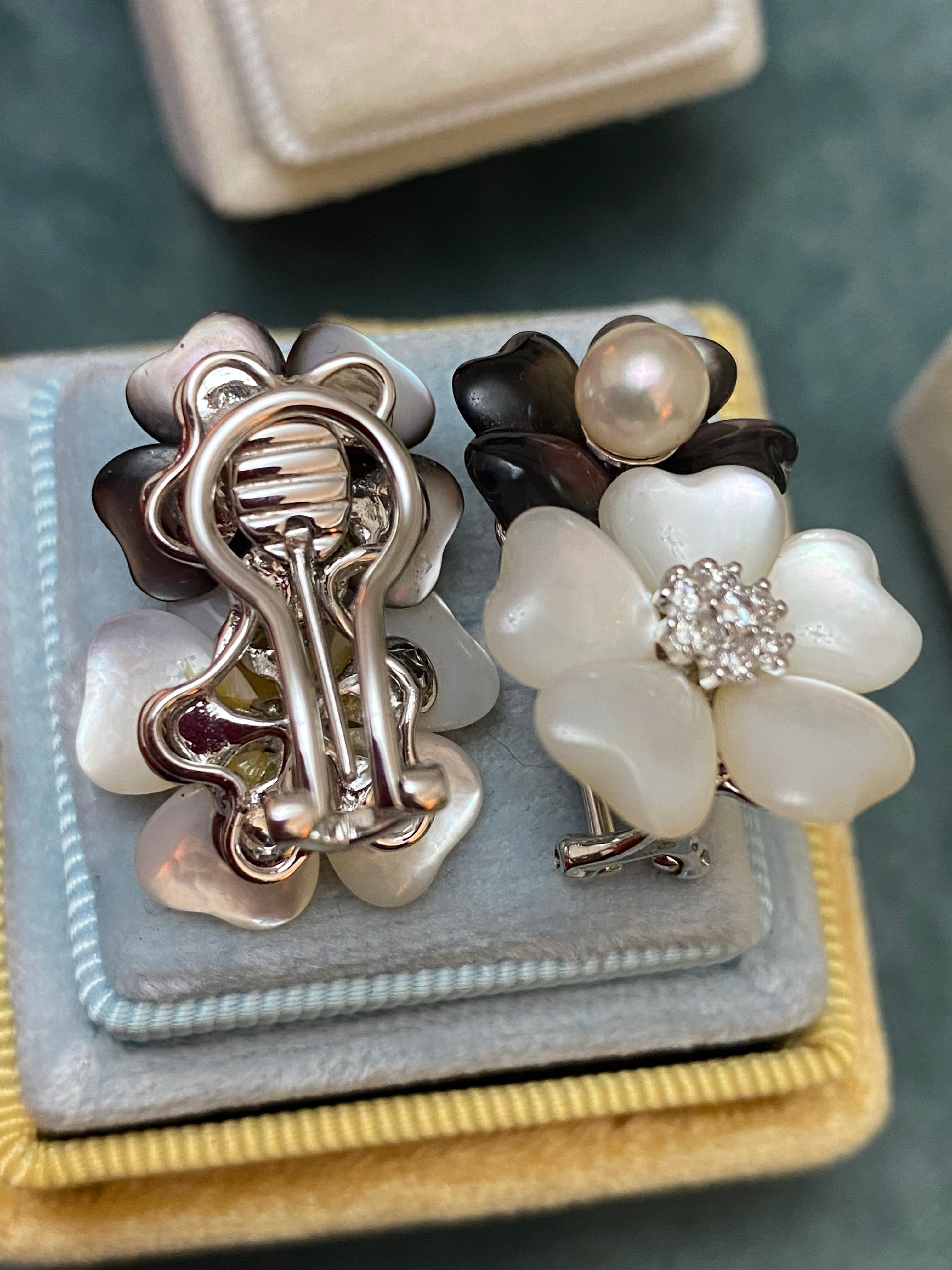 Statement Pearl, Diamond, and Mother of Pearl Flower Earrings in 18ct White Gold