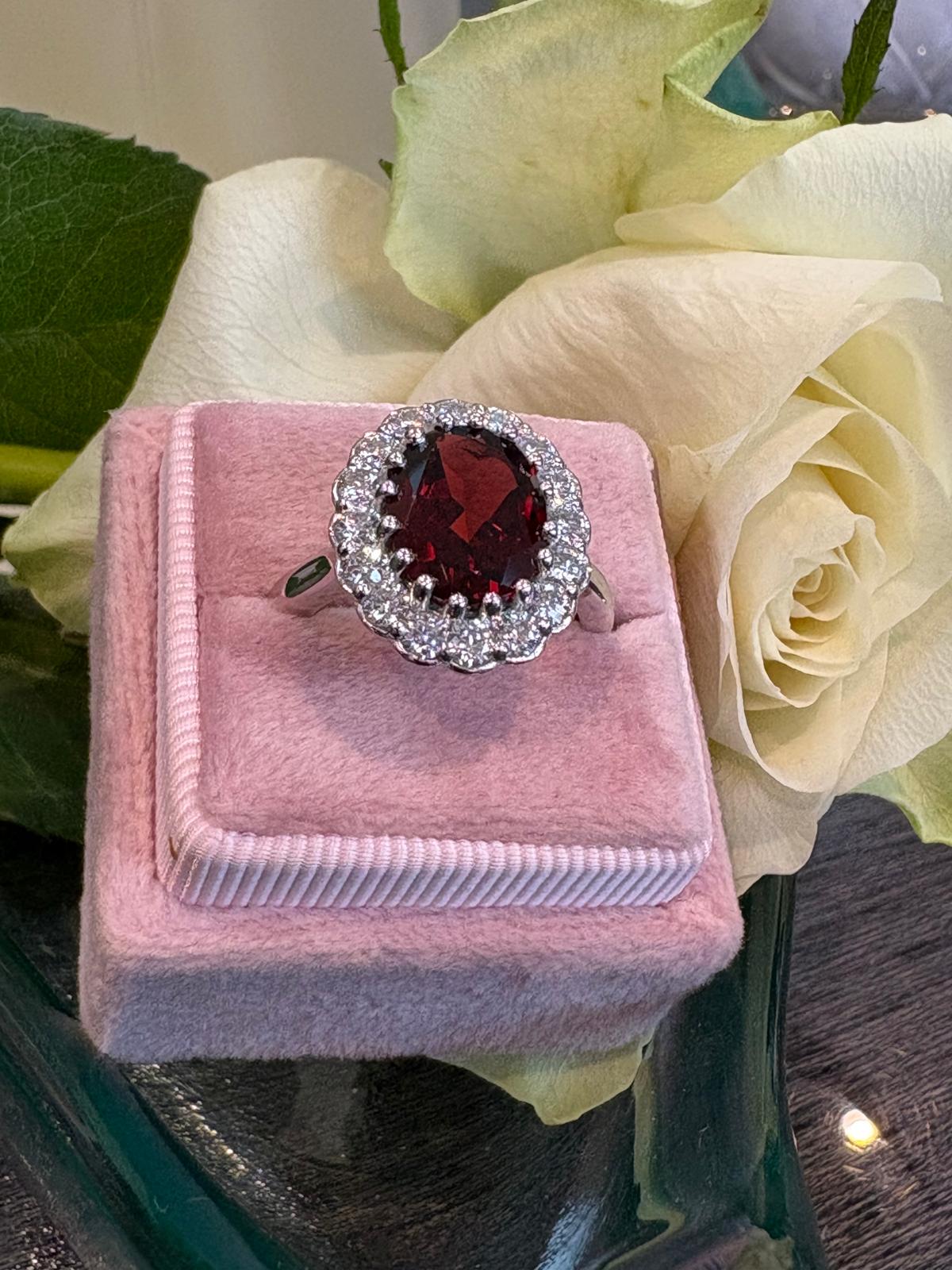 4.50 CTW Oval Cut Garnet and Moissanite Halo Cocktail Ring