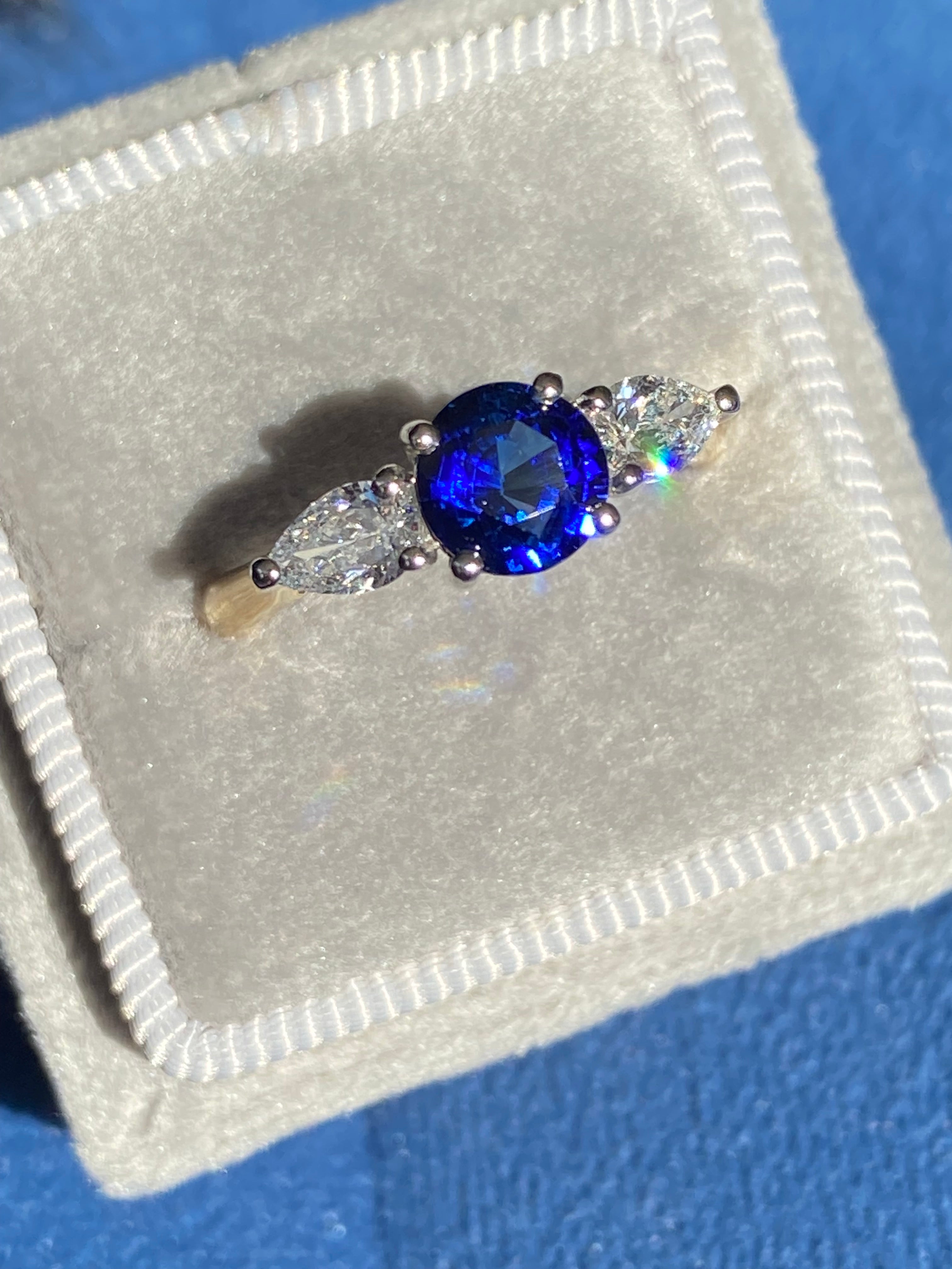 1.52 CTW Blue Ceylon Sapphire and Natural Diamond Three Stone Engagement Ring in Platinum and 18ct Yellow Gold