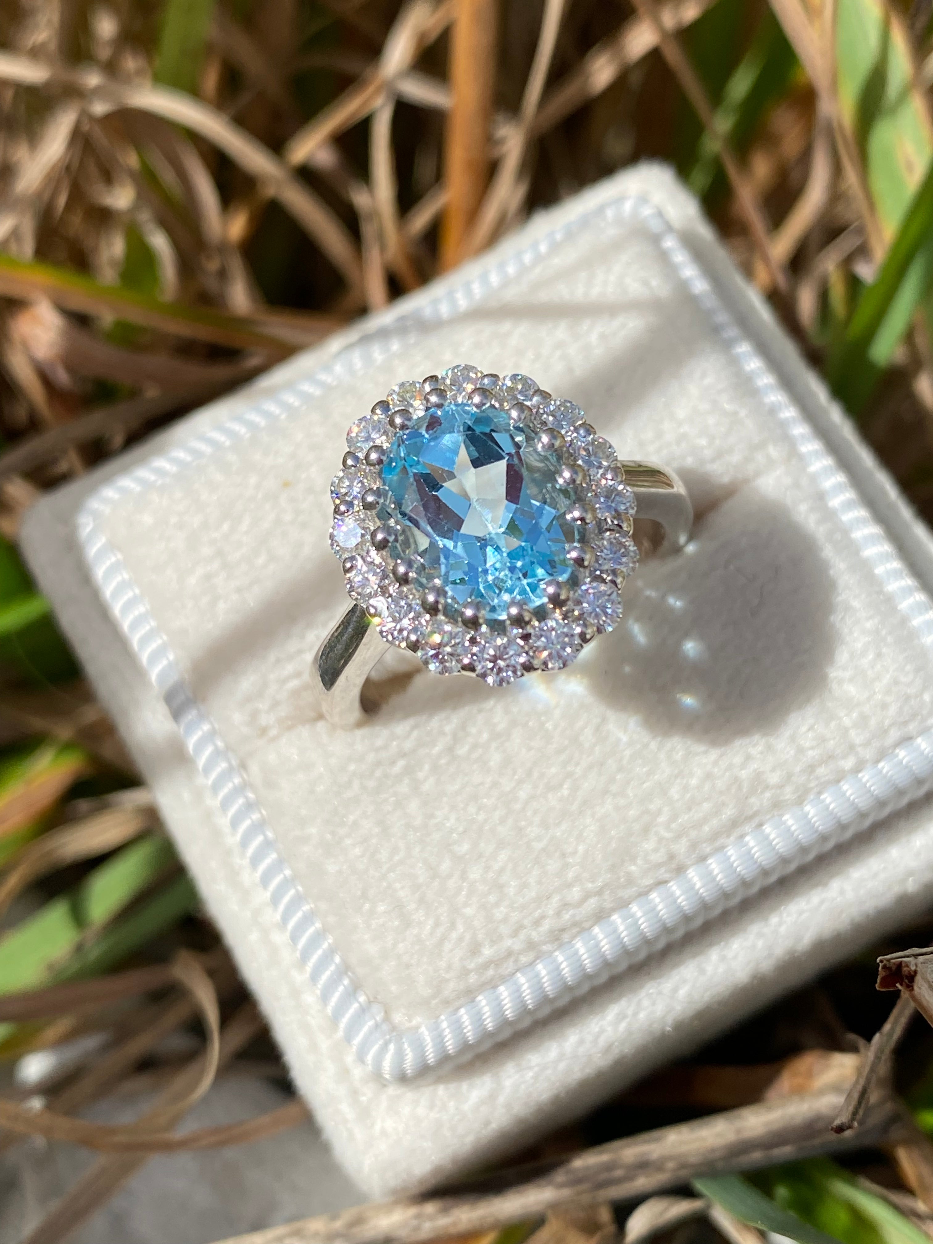 2.33 CTW Oval Cut Blue Topaz and Moissanite Halo Cluster Ring in Sterling Silver