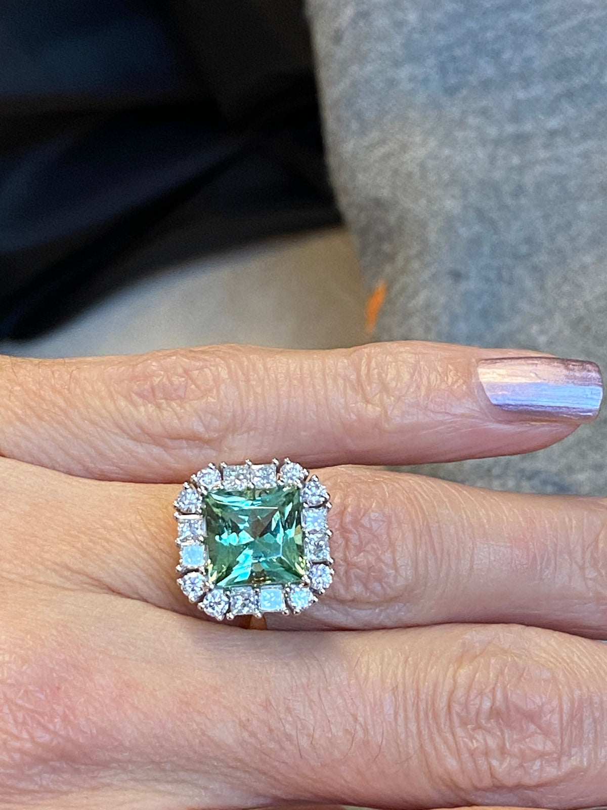 4.73 CTW Princess Cut Mint Tourmaline and Natural Diamond Ring in Platinum and 18ct Yellow Gold