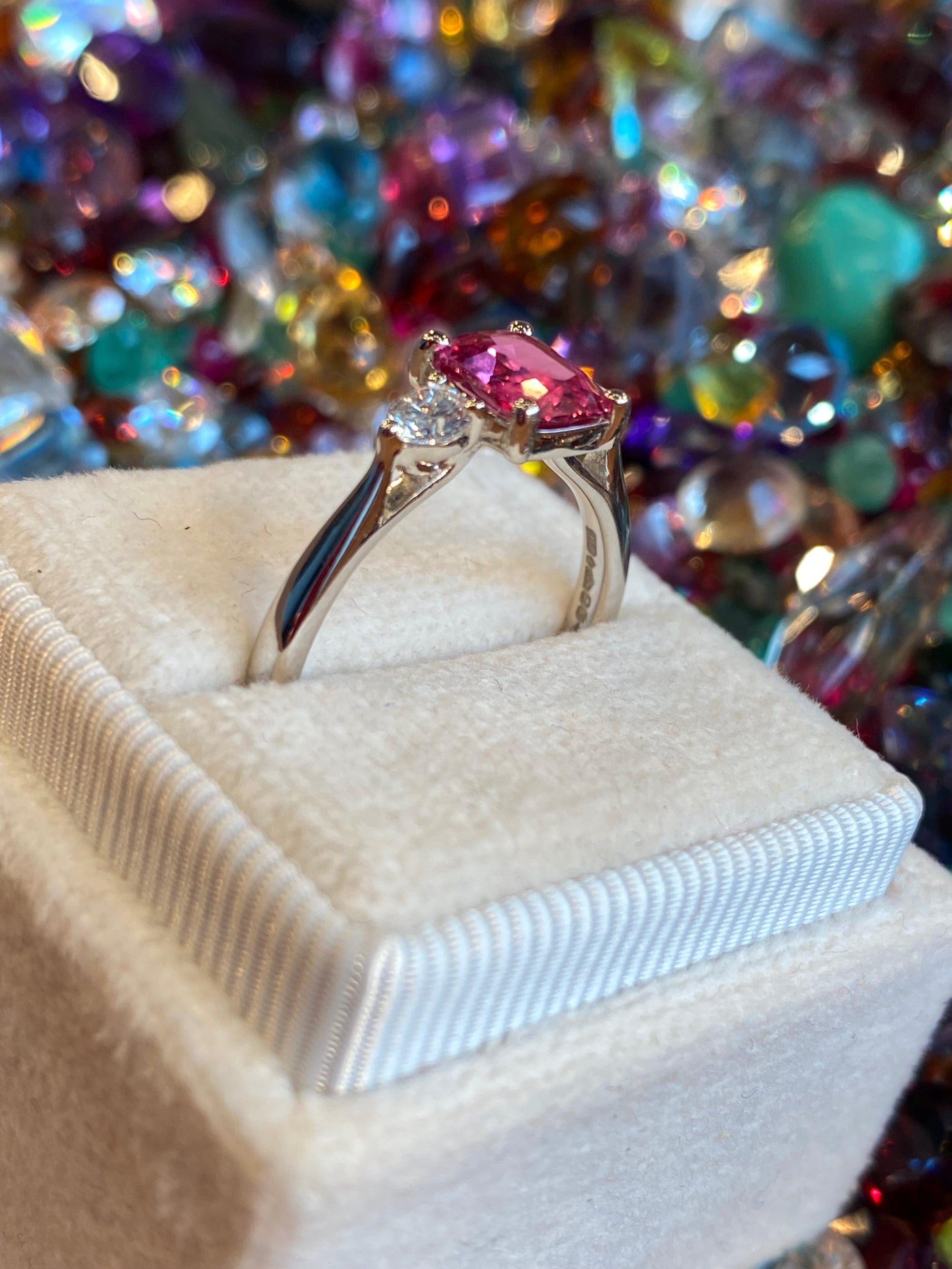 1.52 CTW Cushion Cut Ruby and Natural Diamond Three-Stone Engagement Ring in Platinum