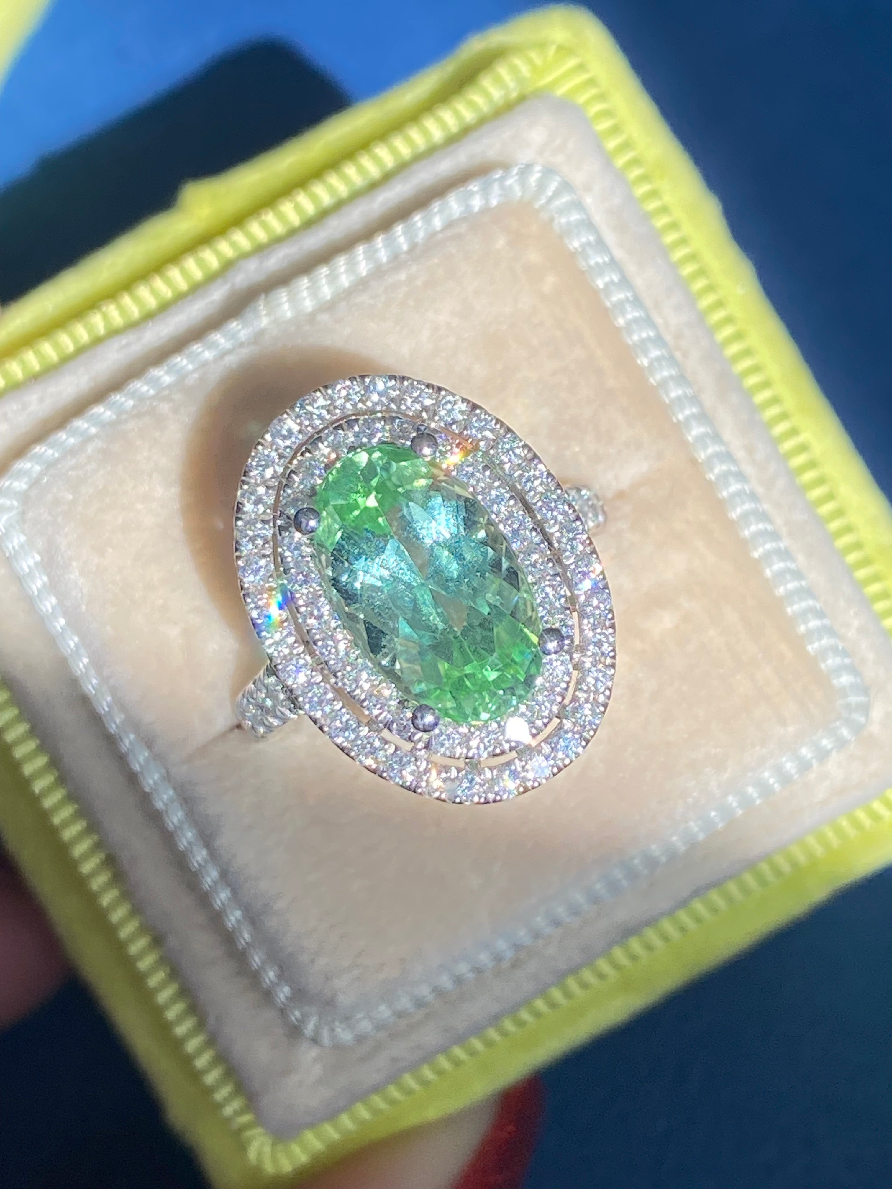 4.77 CTW Magical Mint Tourmaline and Natural Diamond Double Halo Ring in Platinum