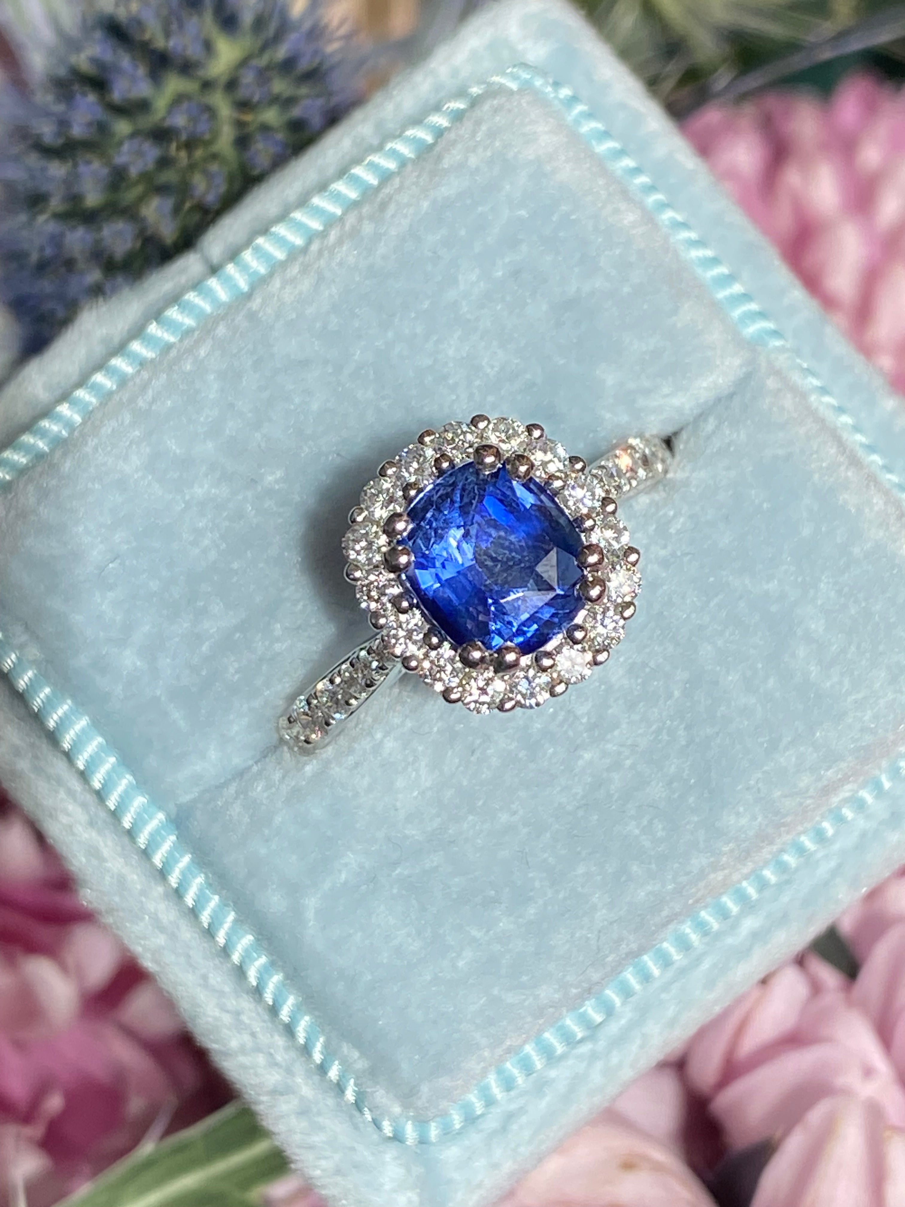 2.17 CTW Blue Ceylon Sapphire and Natural Diamond Three Stone Engagement Ring in Platinum