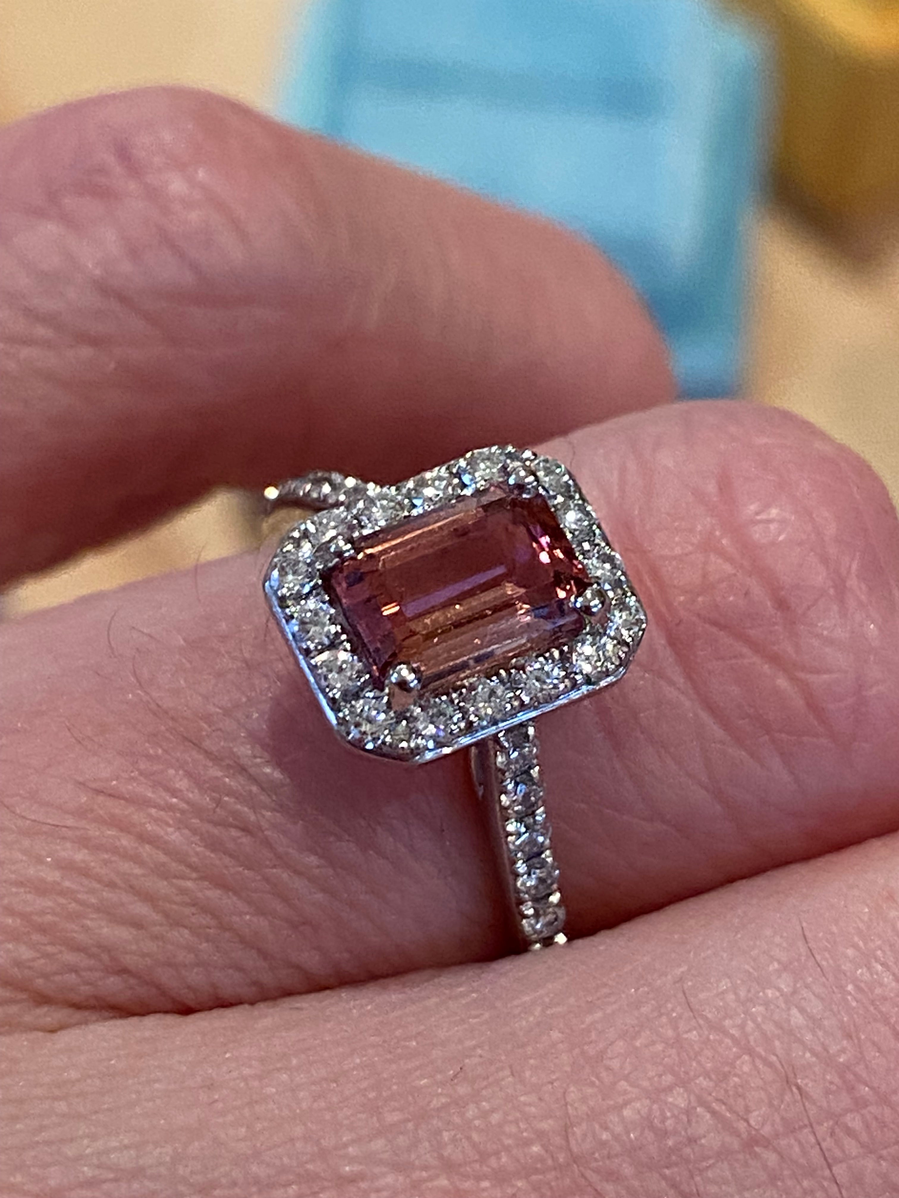 1.42 CTW Emerald Cut Pink Tourmaline and Natural Diamond Halo Ring in Platinum