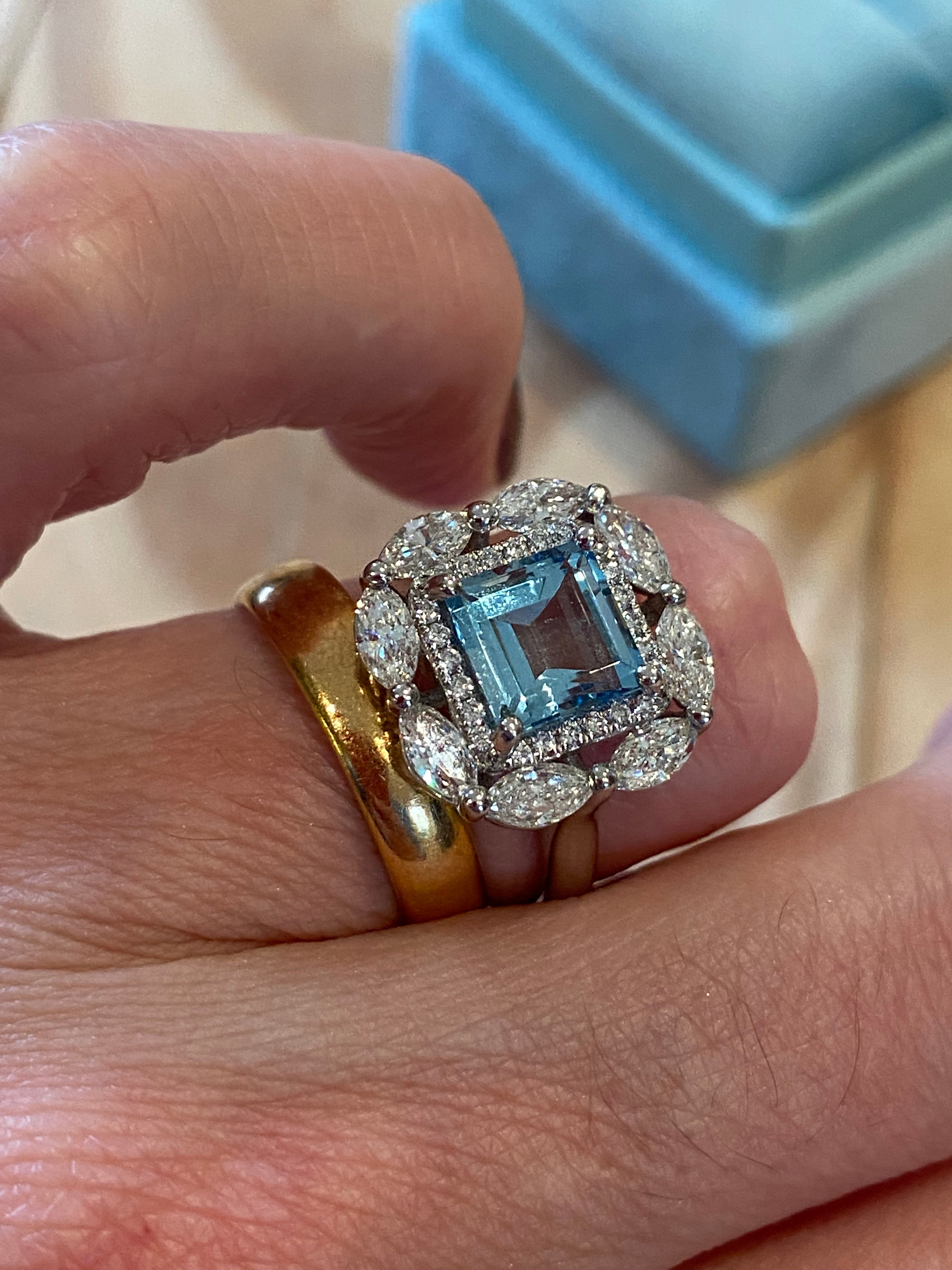 1.60 Carat Aquamarine and 1.18 ctw Natural Diamond Ring in Platinum