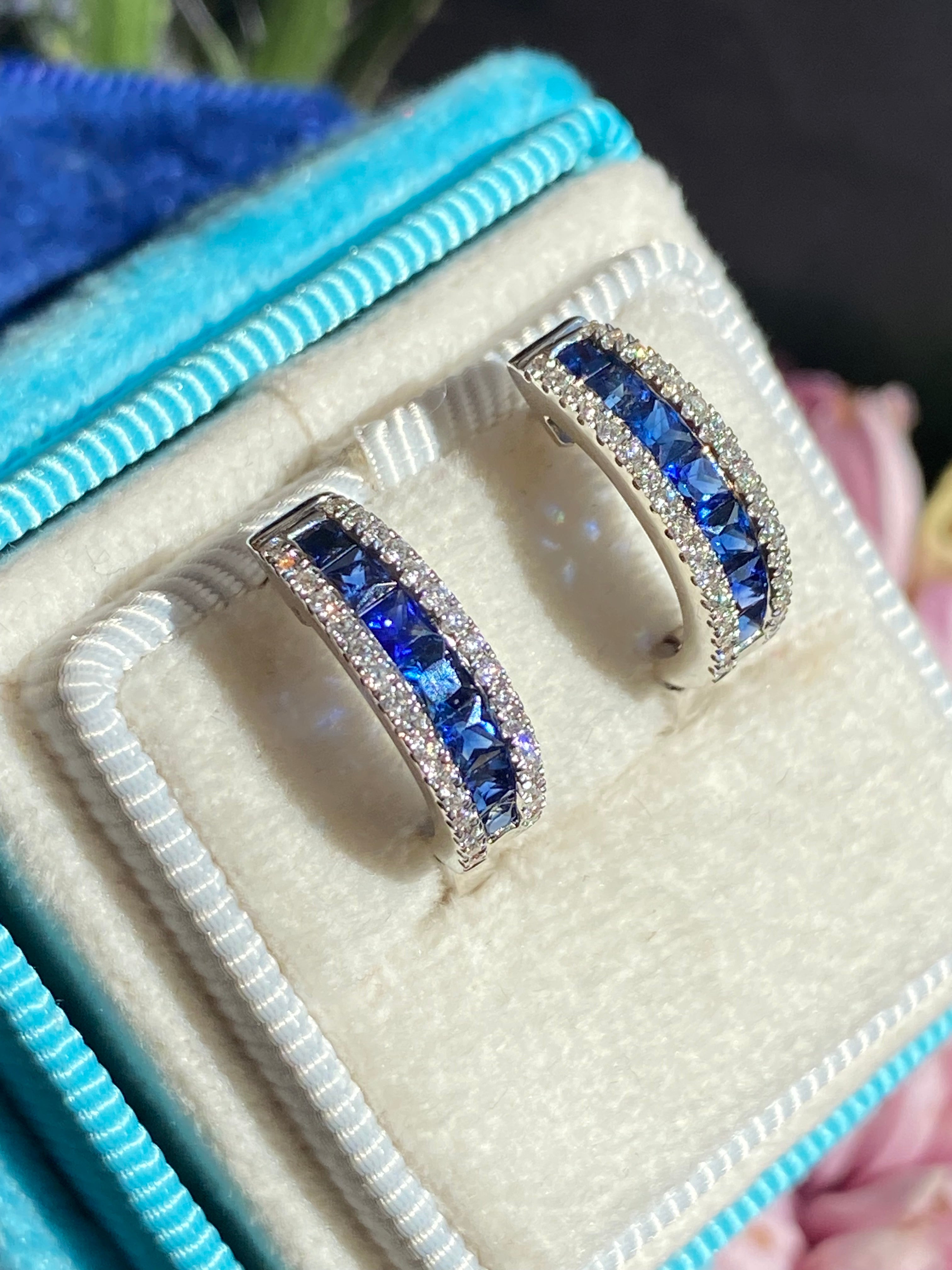 1.25 CTW Sapphire and Natural Diamond Hoop Earrings in 18ct White Gold