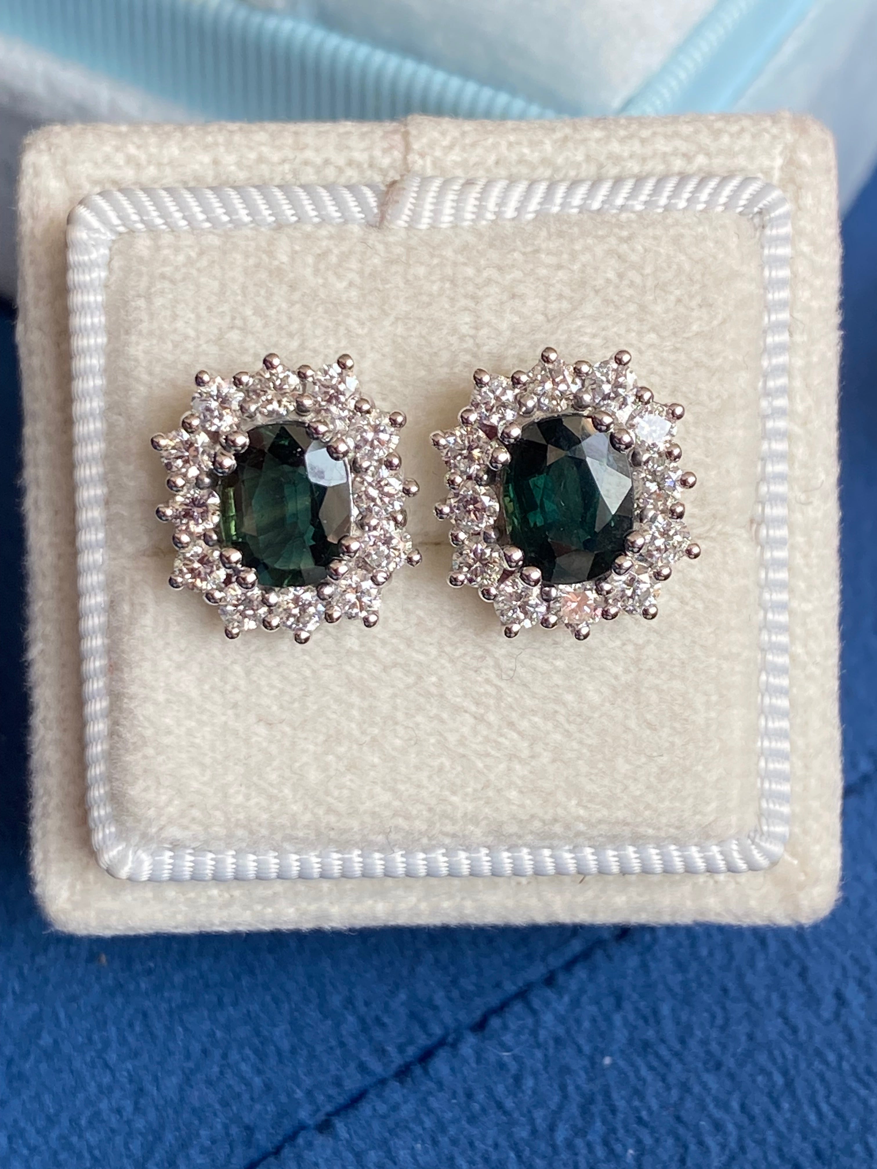 3.77 CTW Teal Sapphire and Natural Diamond Halo Stud Earrings in 18ct White Gold